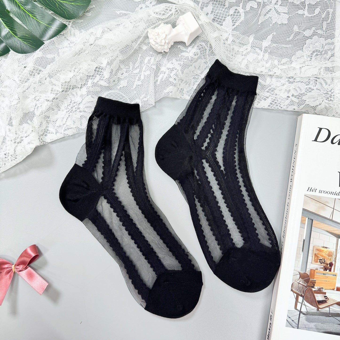 Women's Crew See-Through Simple lace Sheer Socks