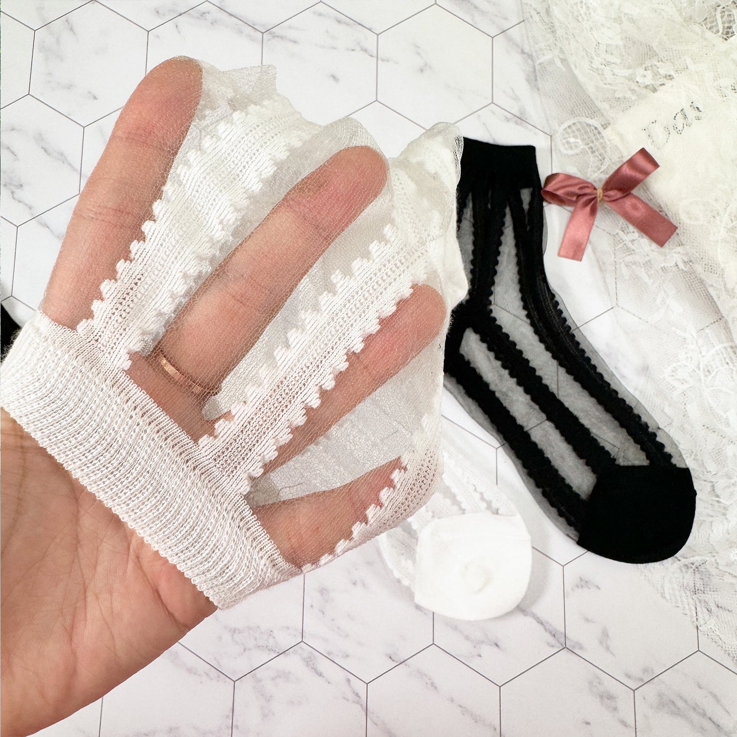 Women's Crew See-Through Simple lace Sheer Socks