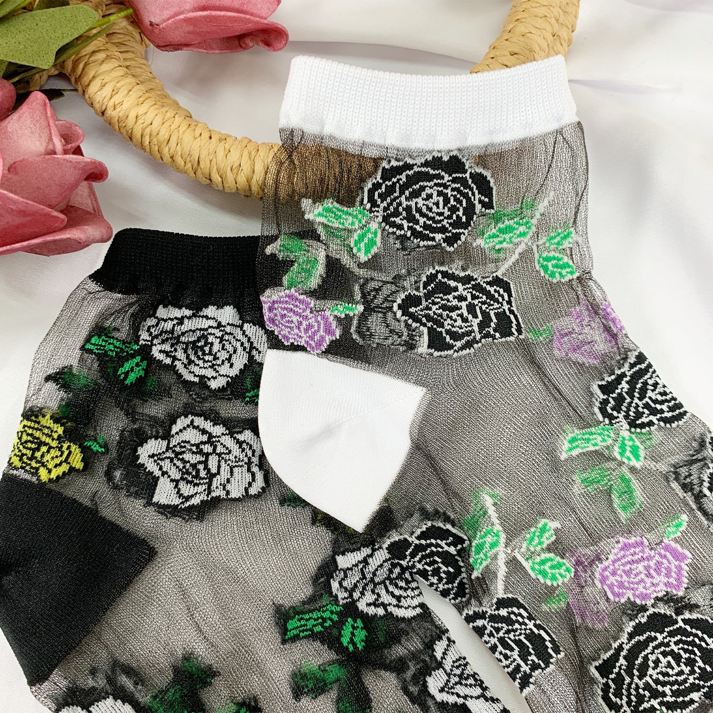 Women's Crew Sheer Laced Rose See-Through Socks