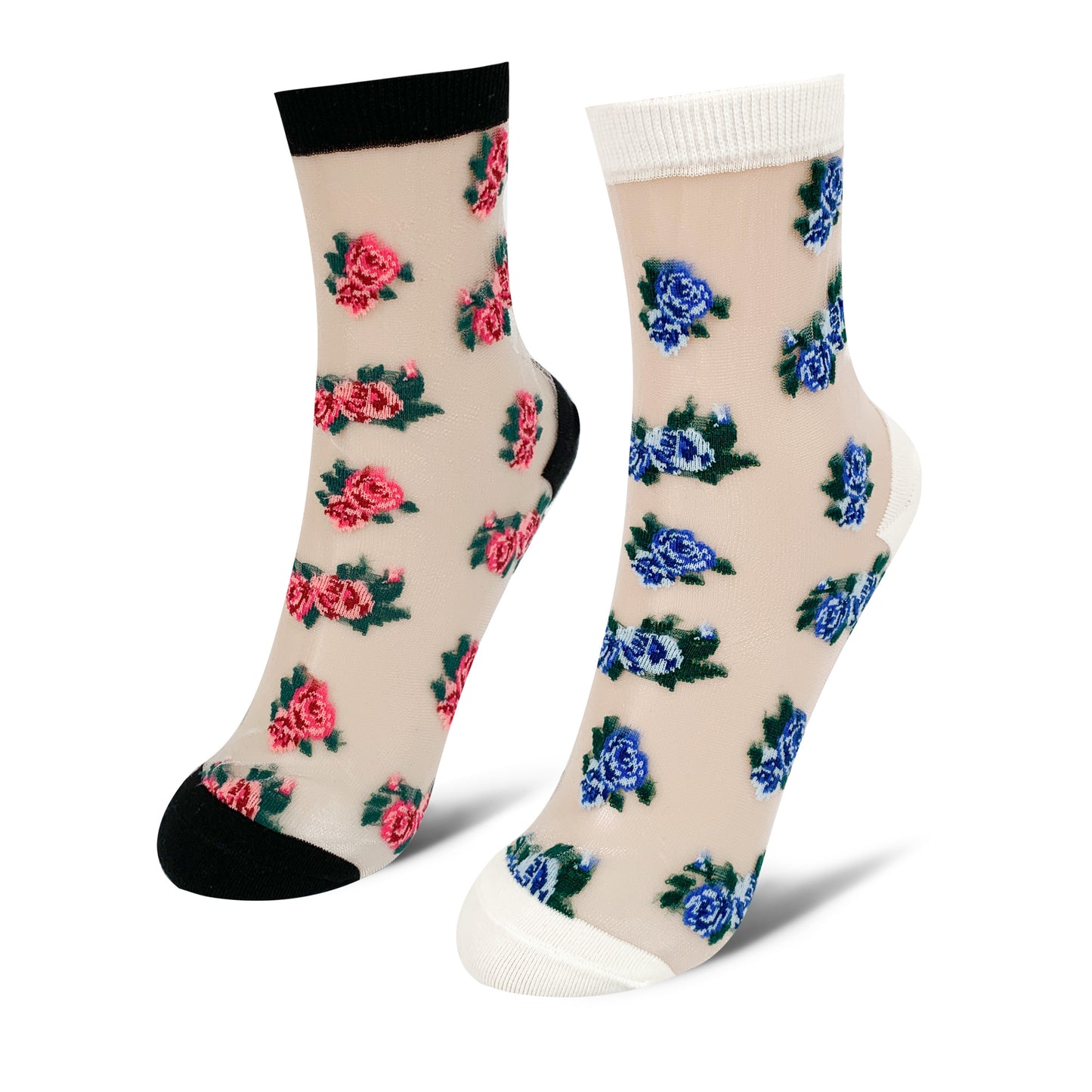 Women's Crew Sheer Pink and Blue Floral See-Through Socks