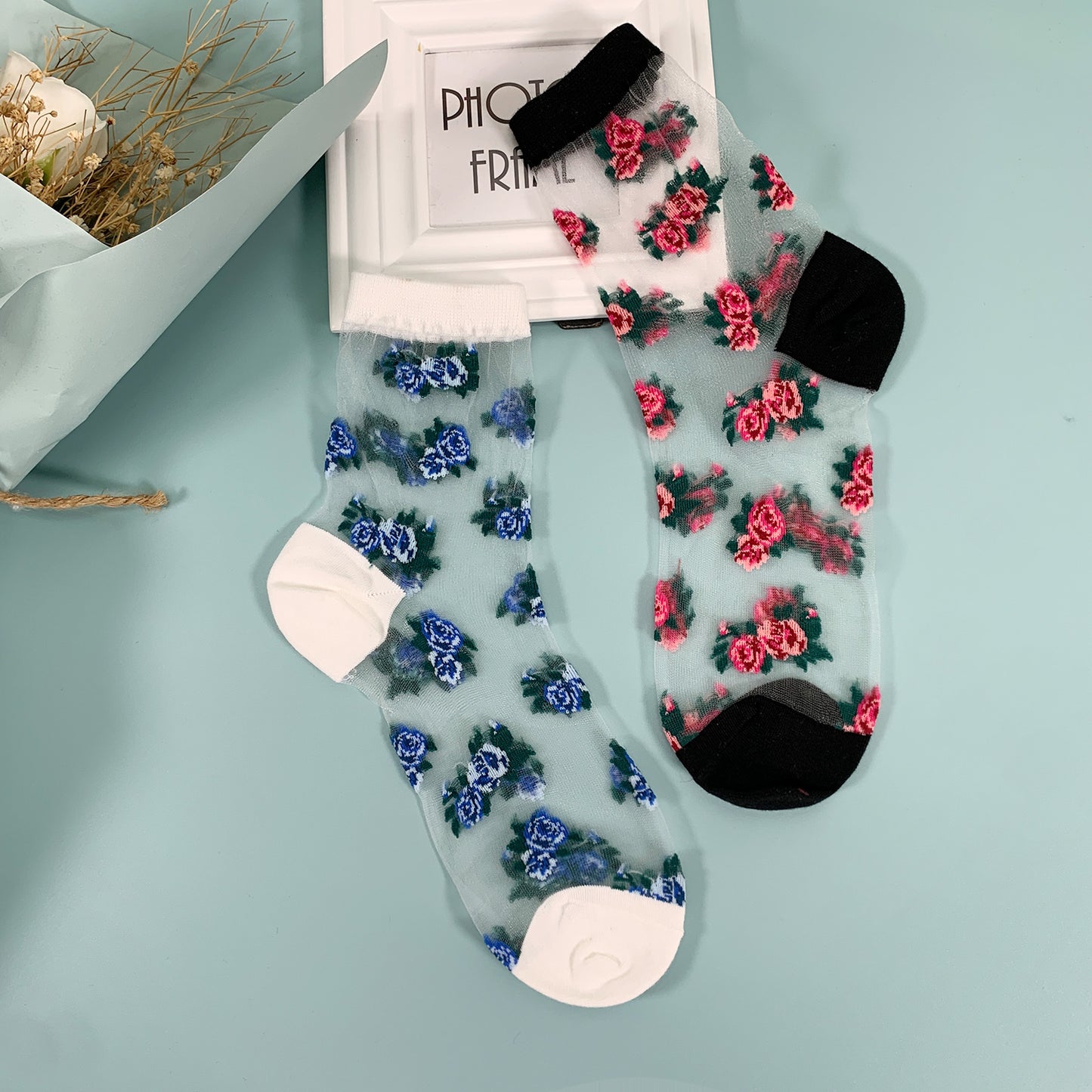 Women's Crew Sheer Pink and Blue Floral See-Through Socks