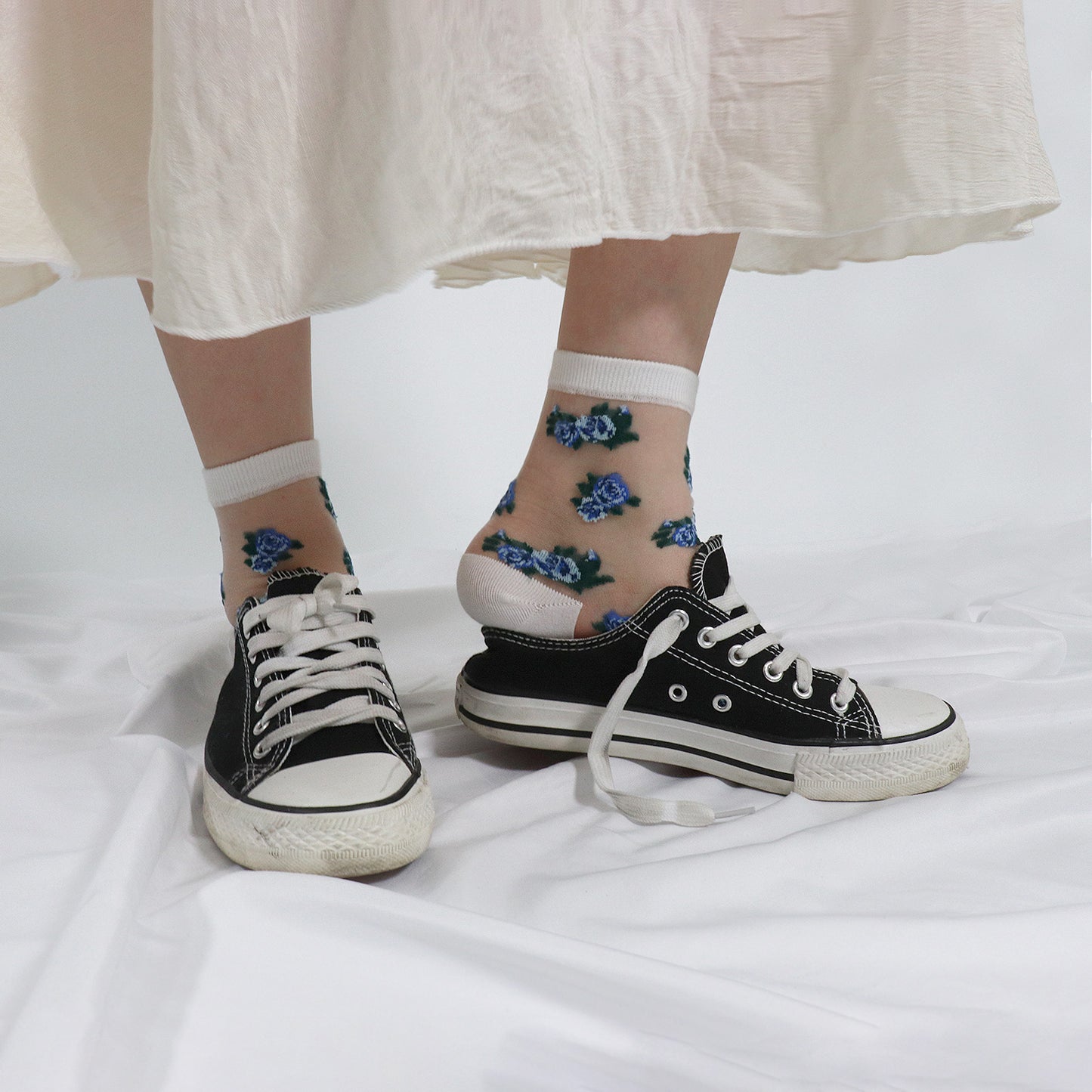 Women's Crew Sheer Pink and Blue Floral See-Through Socks