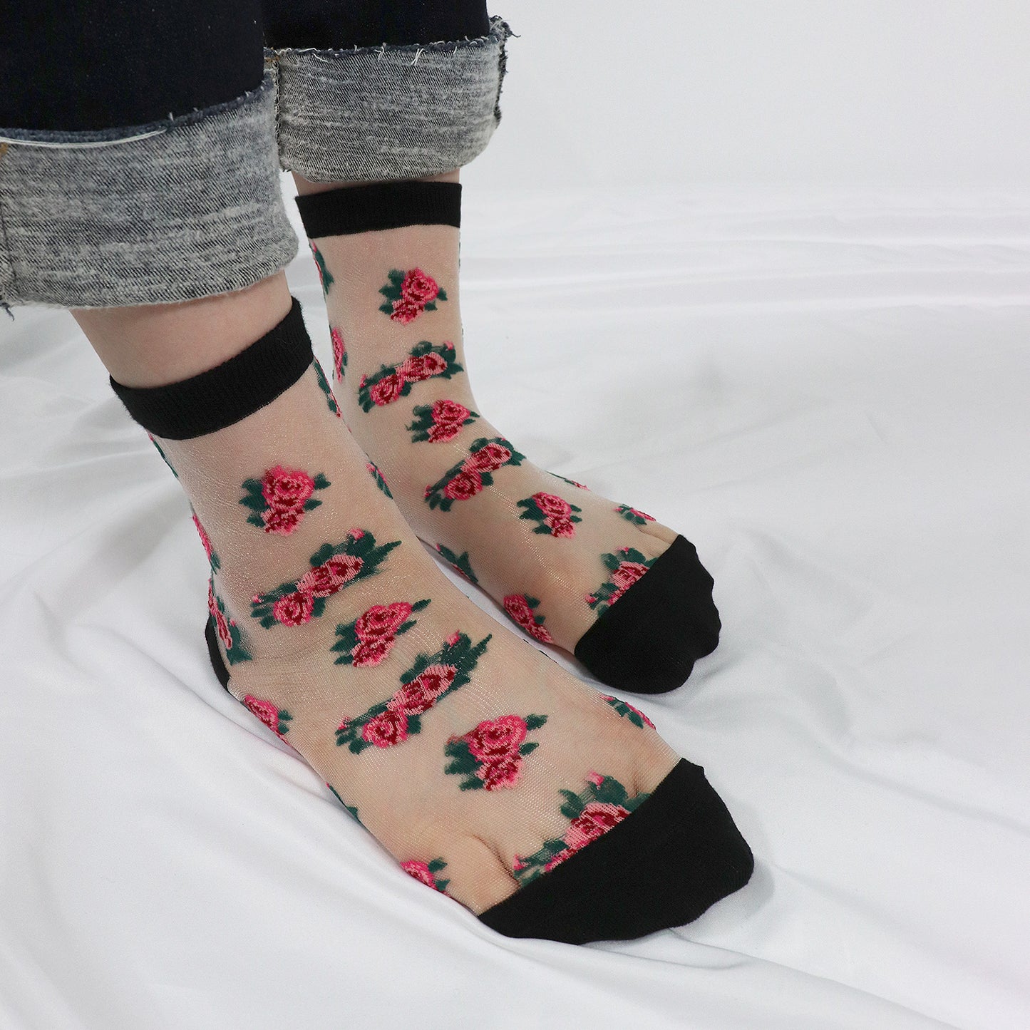 Women's Crew Sheer Pink and Blue Floral See-Through Socks