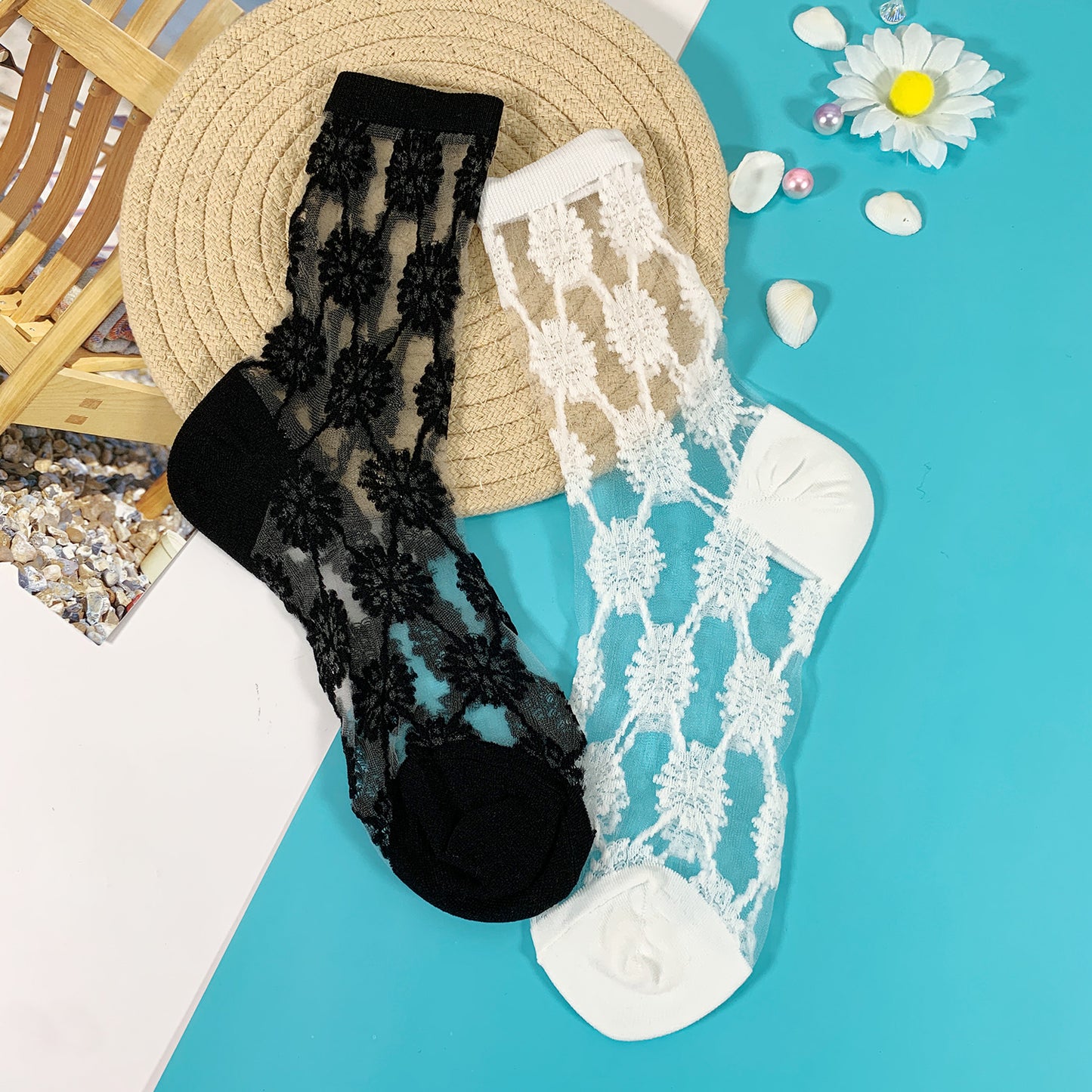 Women's Crew Sheer Big Flower See-Through Socks