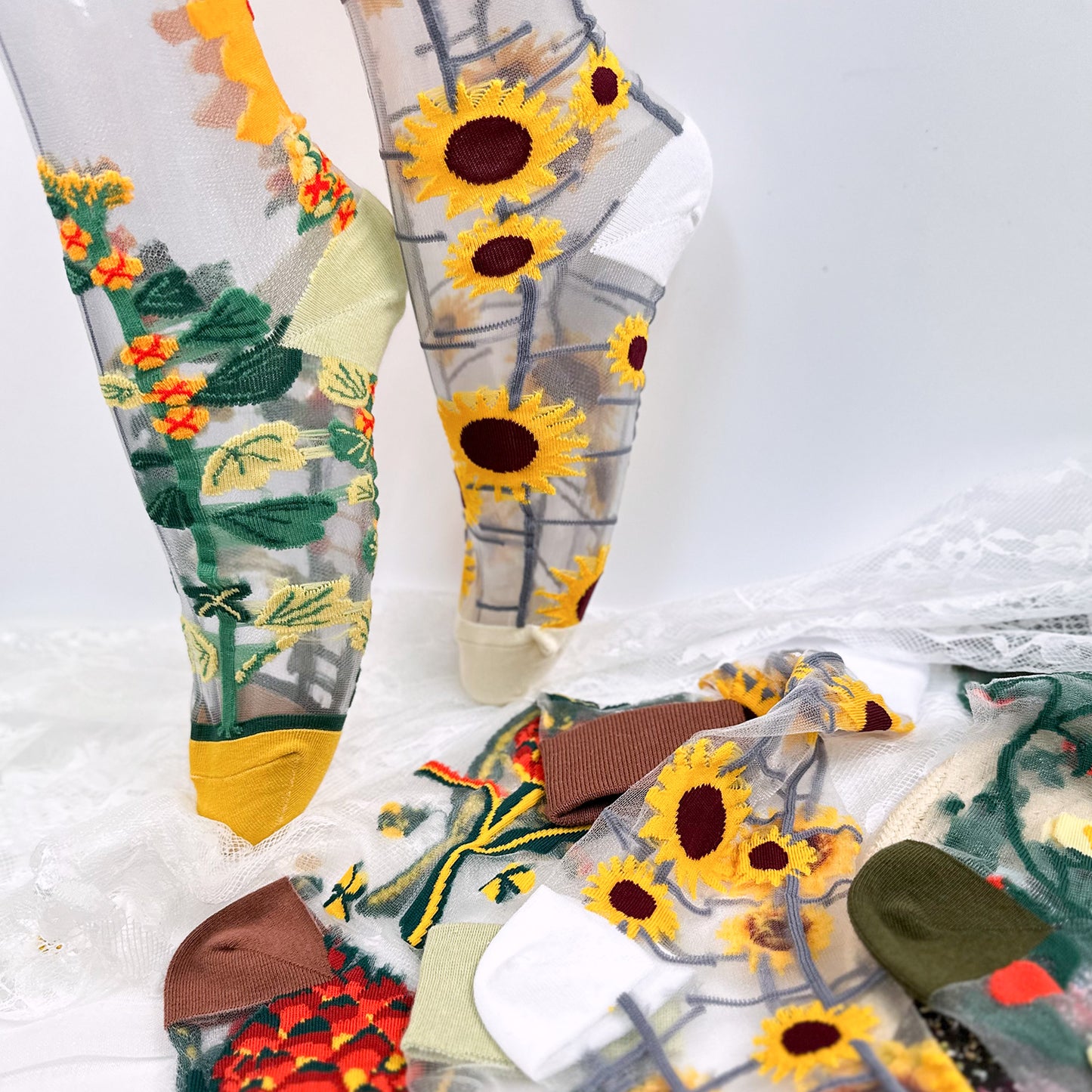 Women's Crew Multi Flower See-Through Socks