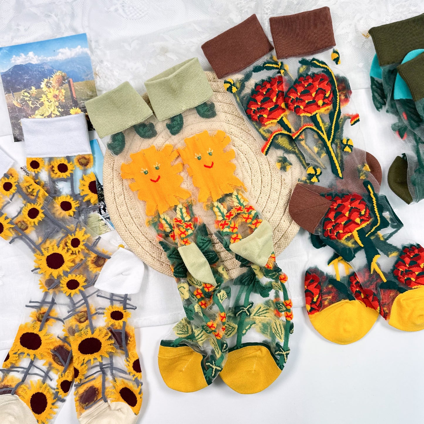 Women's Crew Multi Flower See-Through Socks