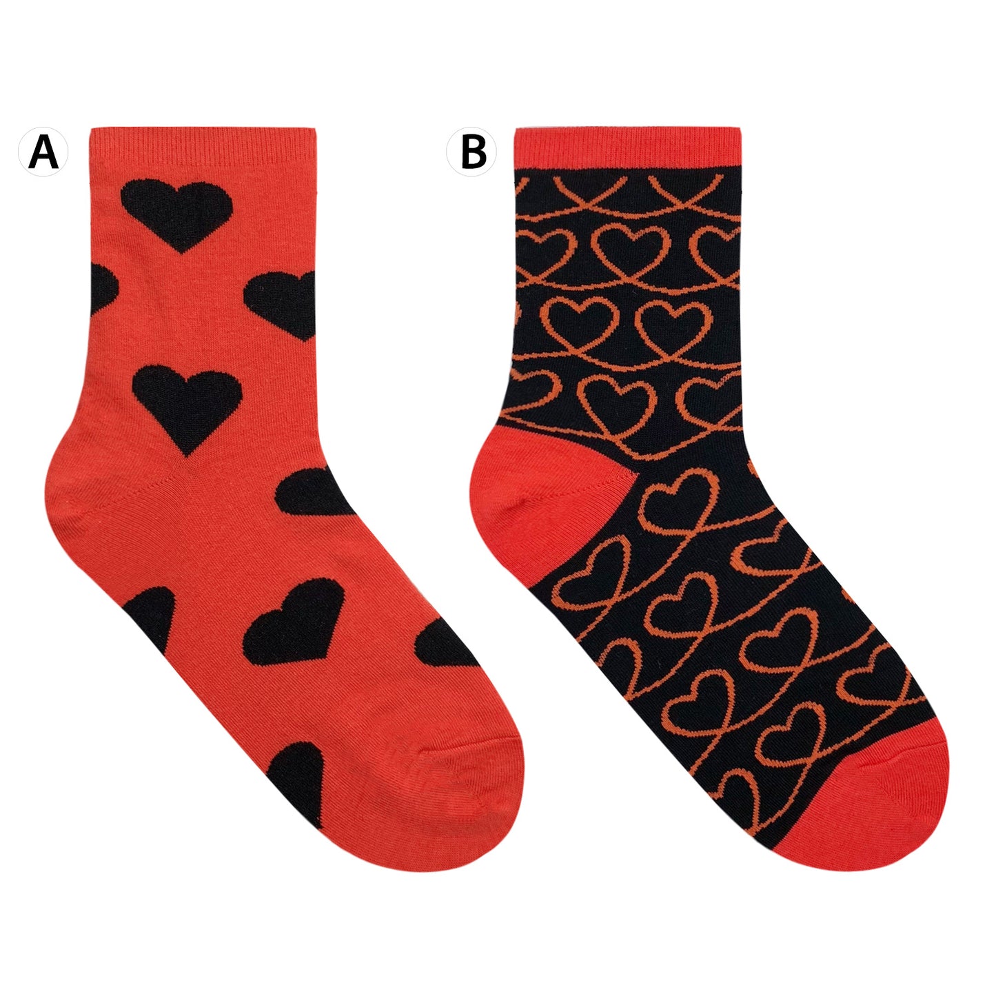 Women's Crew Black & Red Heart Mismatched AB Socks