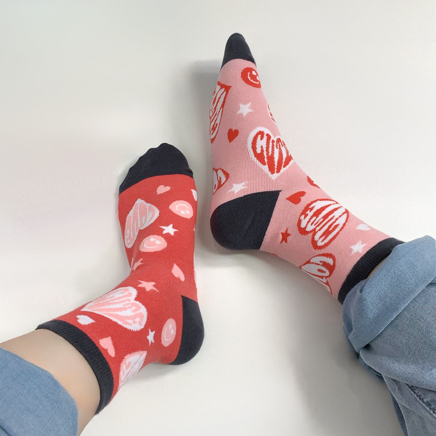 Women's Crew Love & Cute Heart Mismatched AB Socks