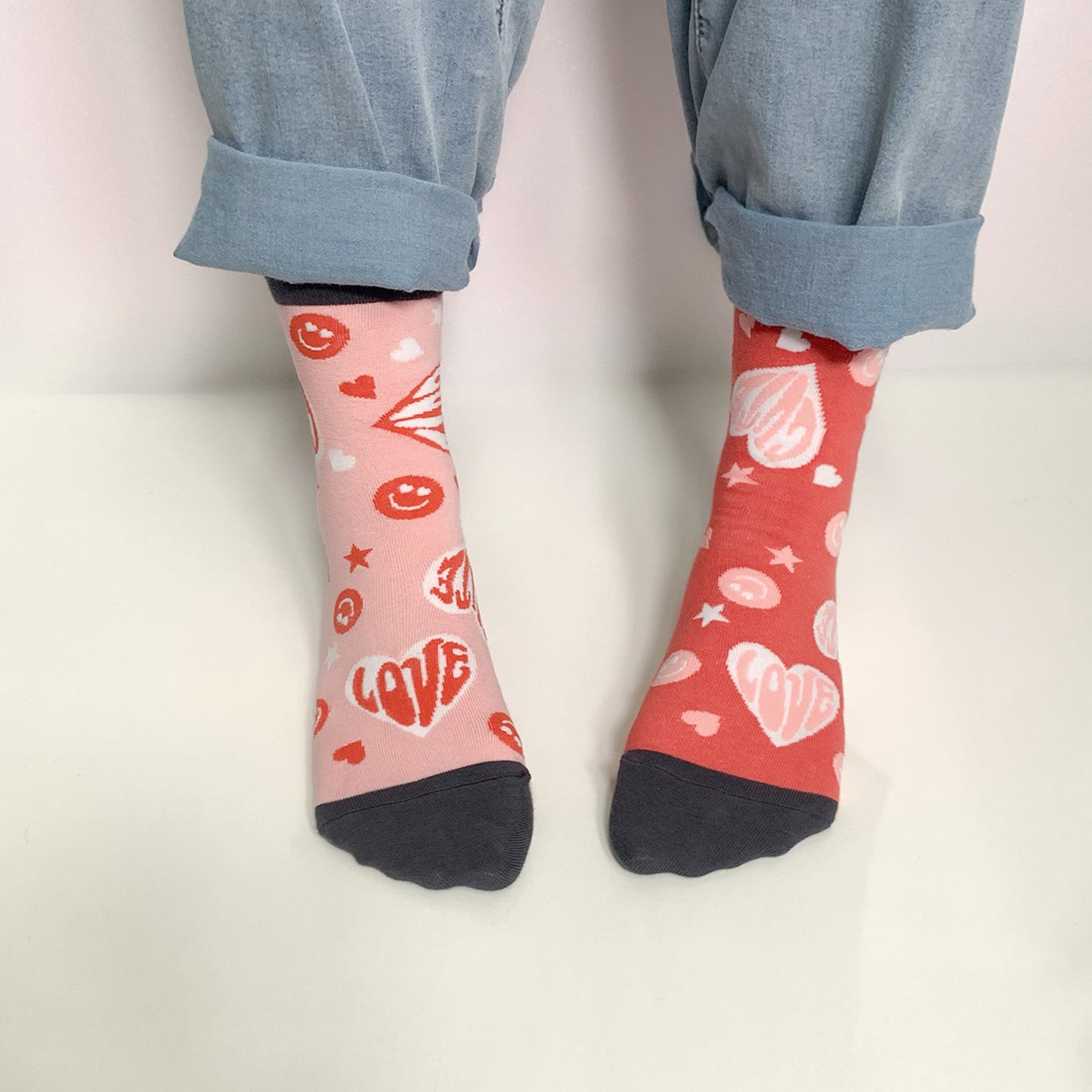 Women's Crew Love & Cute Heart Mismatched AB Socks