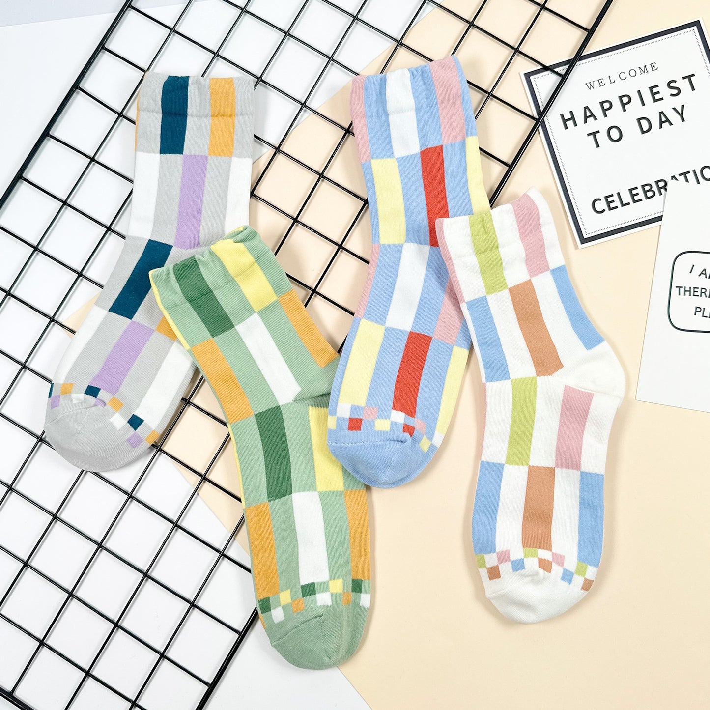 Women's Crew Color Square Pattern Socks