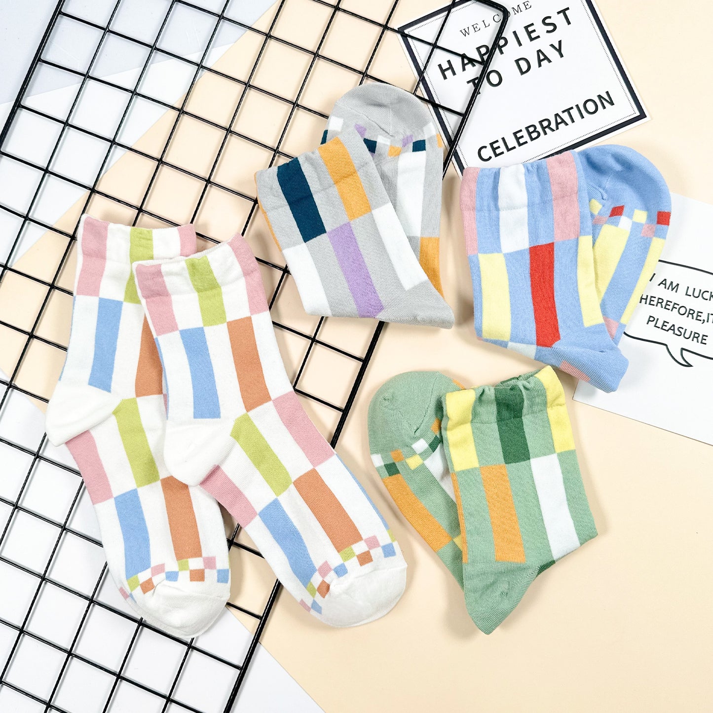 Women's Crew Color Square Pattern Socks