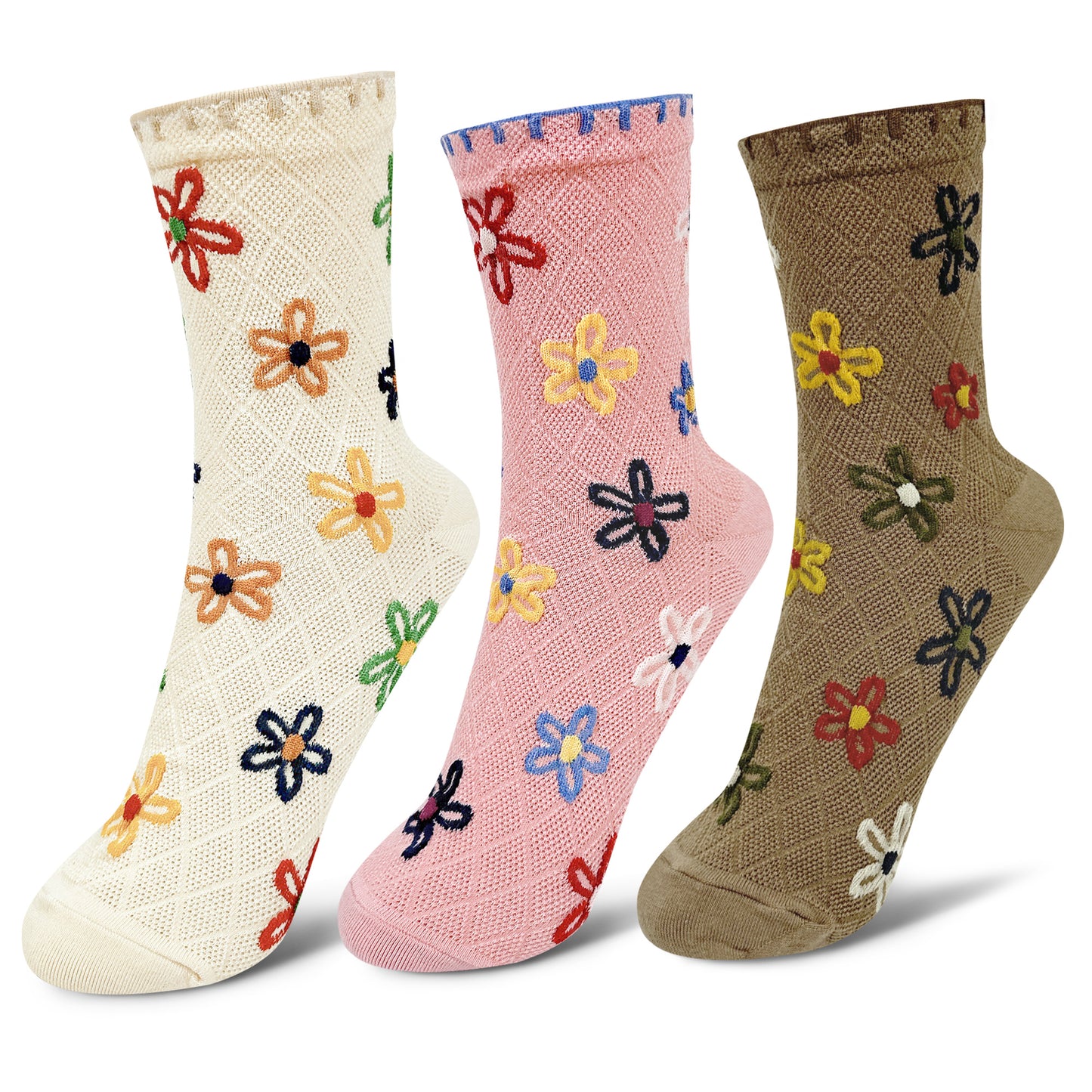 Women's Crew Flower Knit Pattern Socks