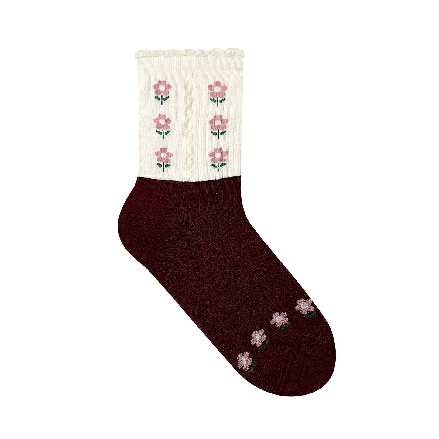 Women's Picot Flower Pattern Crew Socks