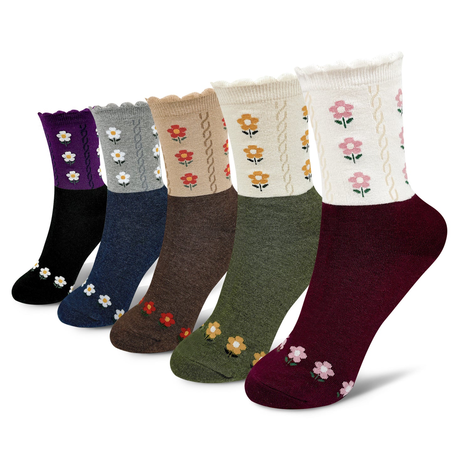 Women's Picot Flower Pattern Crew Socks