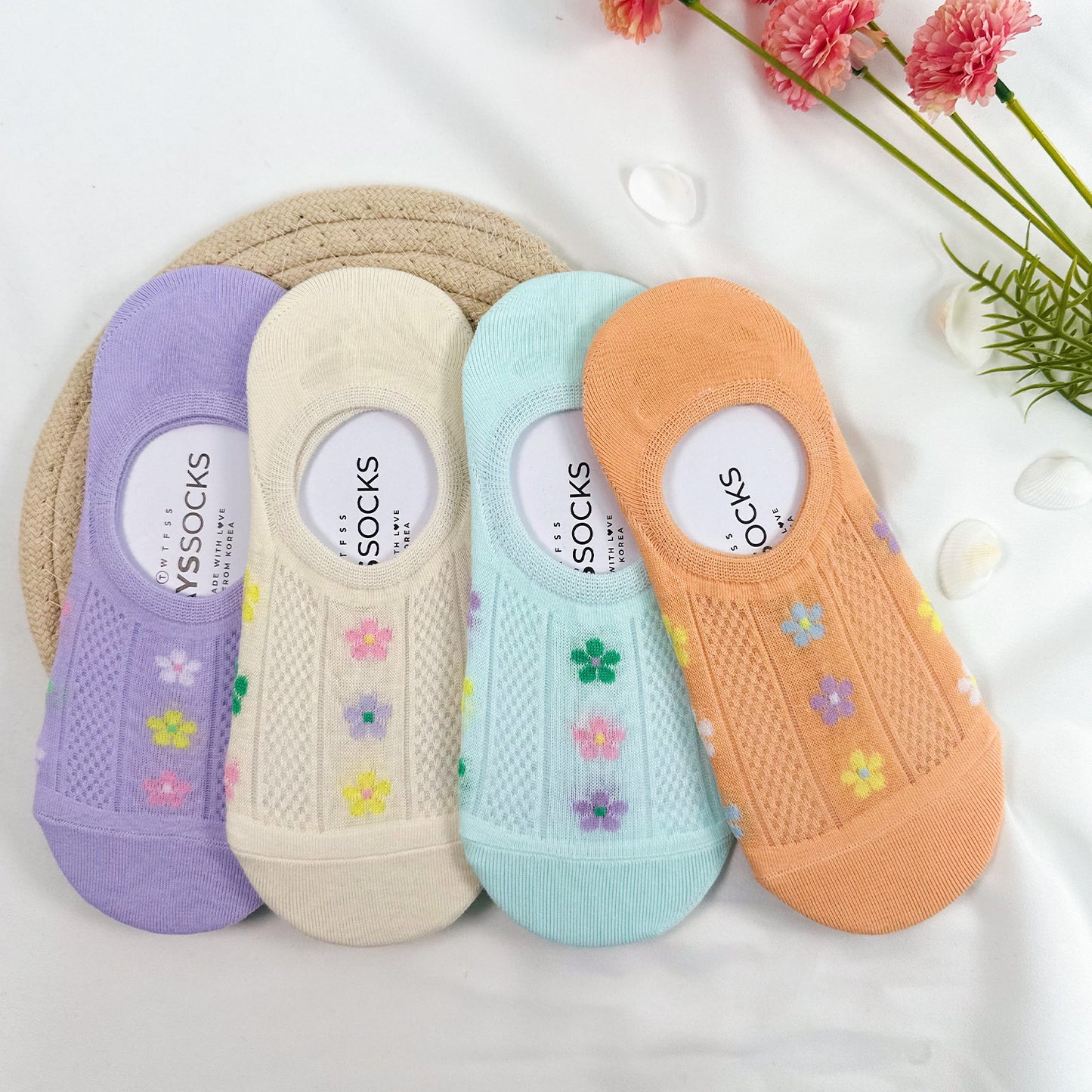 Women's No Show See-Through Pastel Flower Socks
