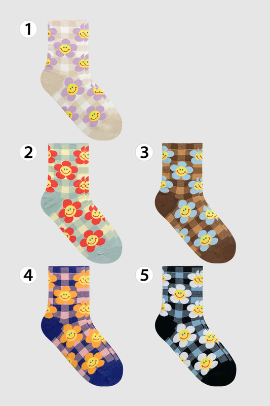 Women's Crew Check Smile Flower Socks