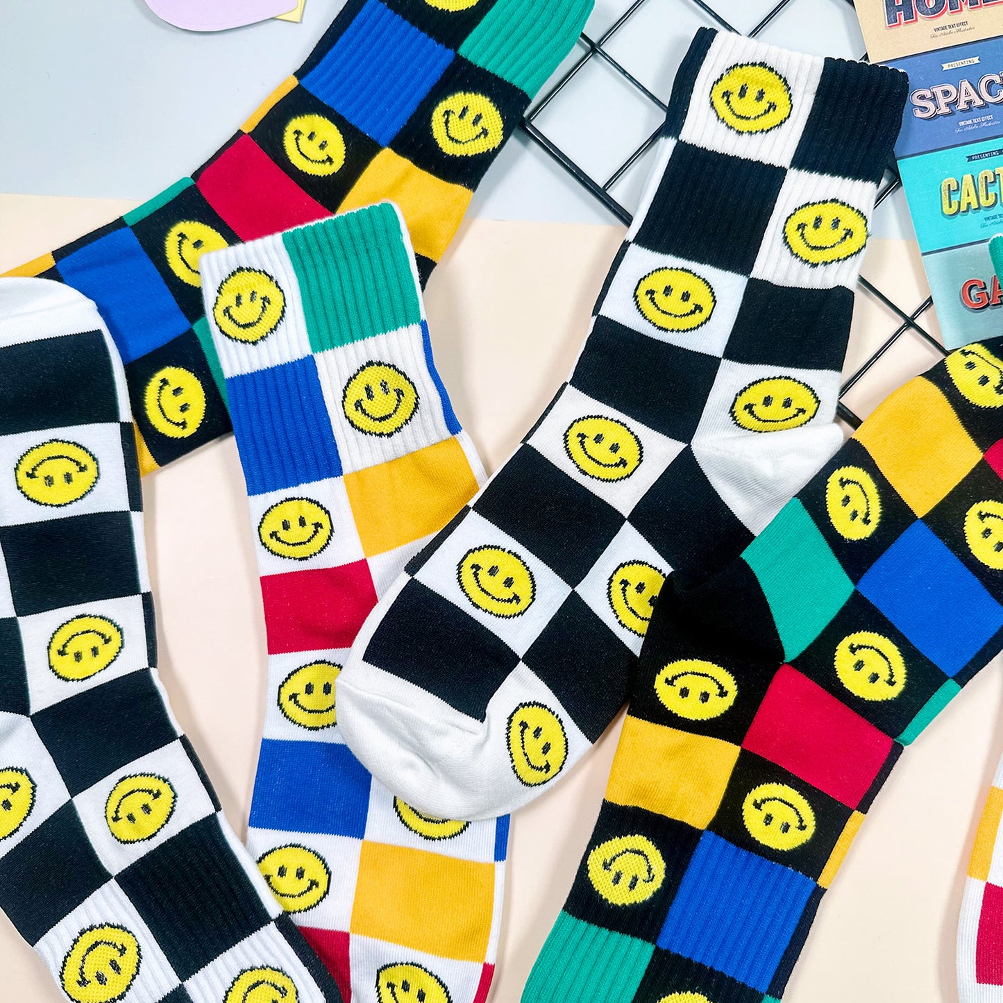 Women's Crew Socks - Smile Checkerboard