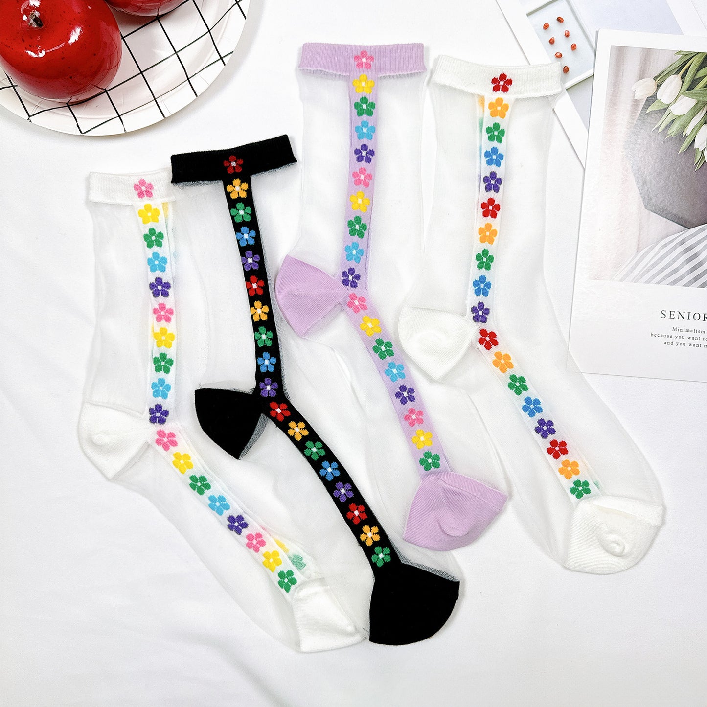 Women's Crew See-Through Rainbow Flower Socks