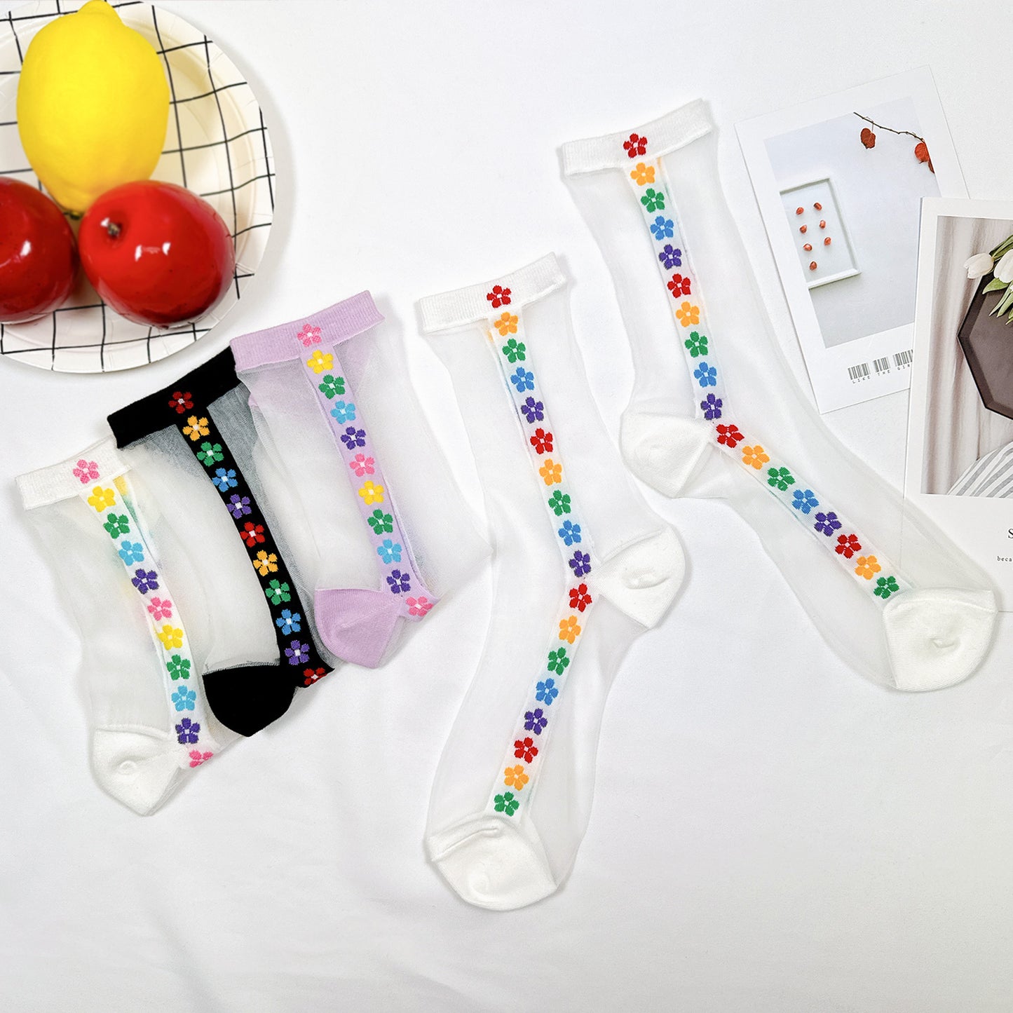 Women's Crew See-Through Rainbow Flower Socks