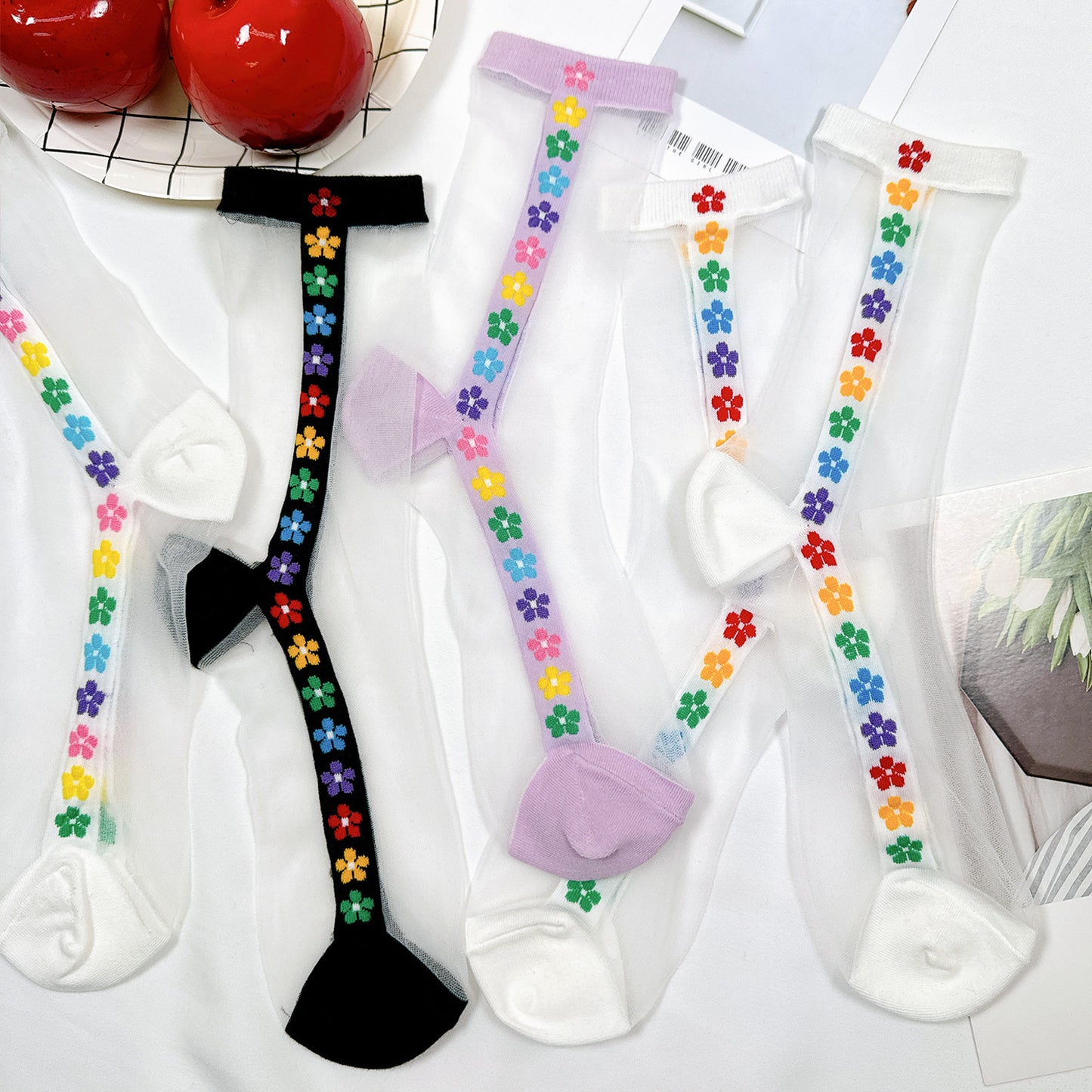 Women's Crew See-Through Rainbow Flower Socks