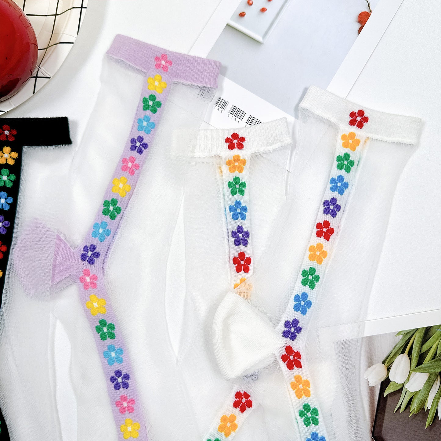 Women's Crew See-Through Rainbow Flower Socks
