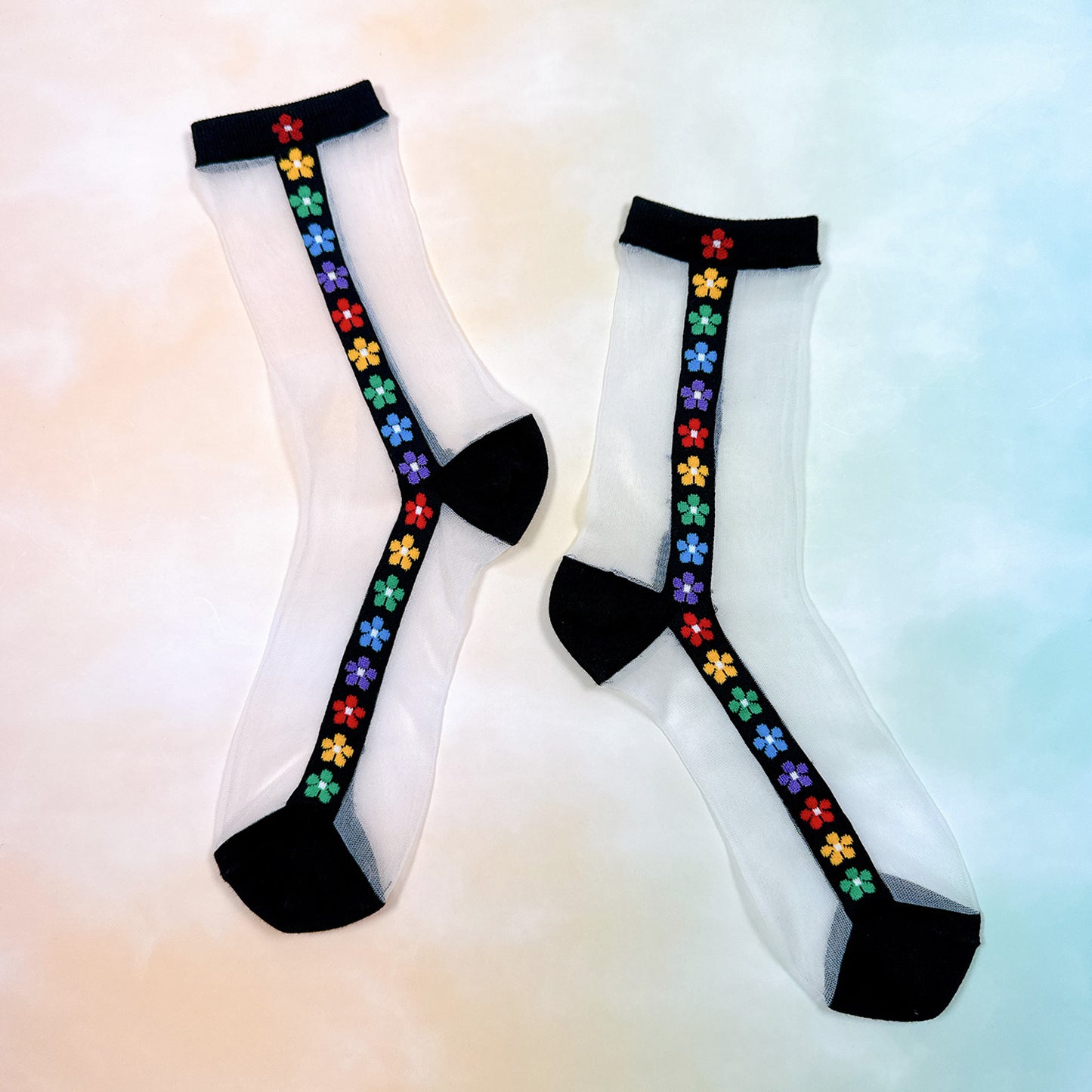Women's Crew See-Through Rainbow Flower Socks