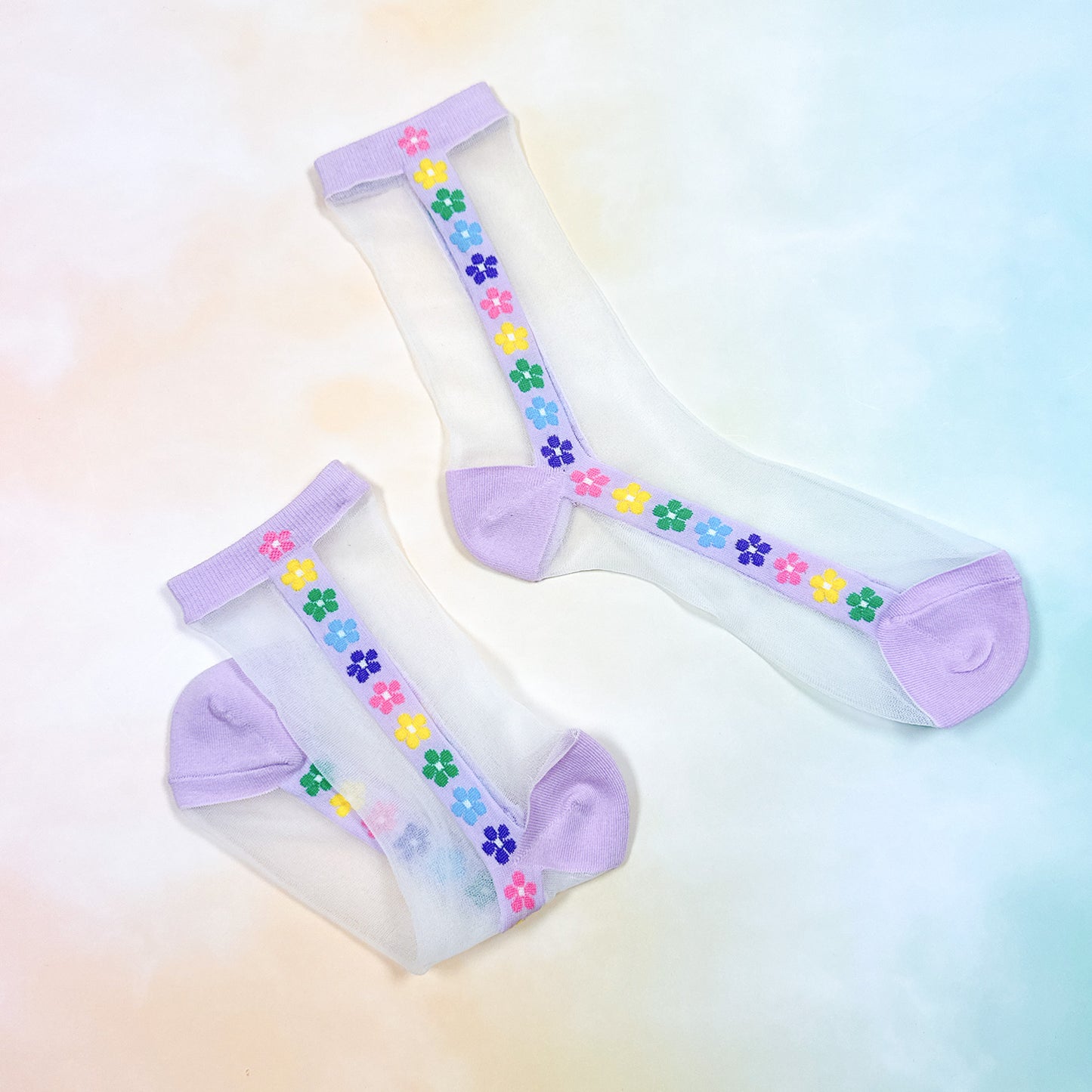 Women's Crew See-Through Rainbow Flower Socks