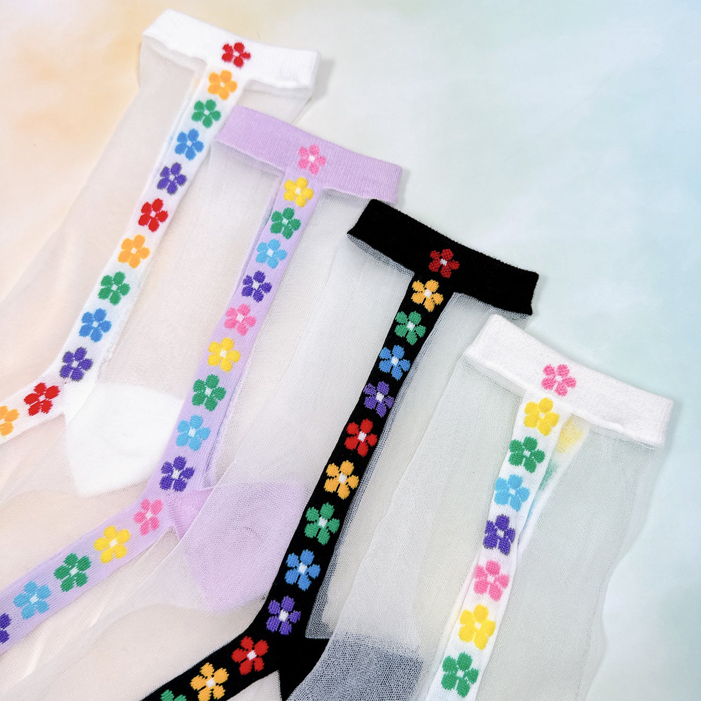 Women's Crew See-Through Rainbow Flower Socks