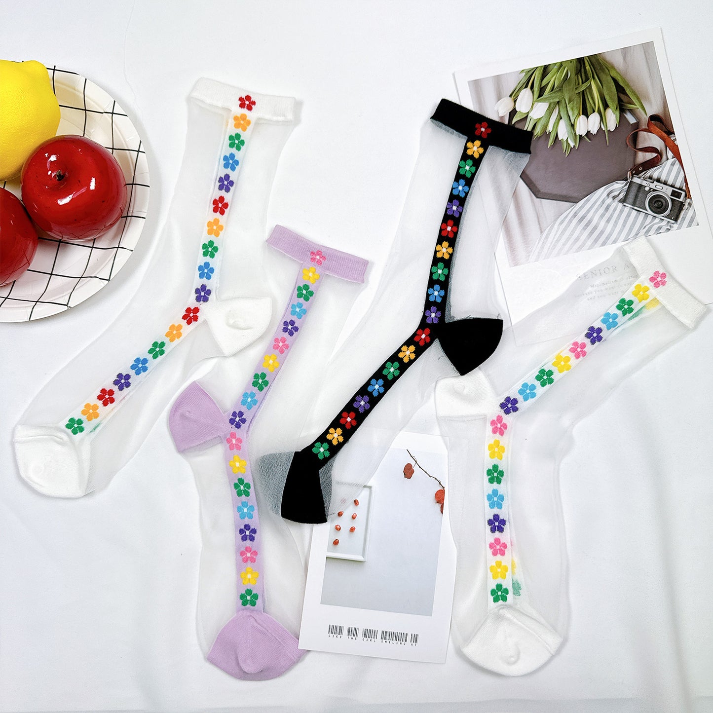 Women's Crew See-Through Rainbow Flower Socks
