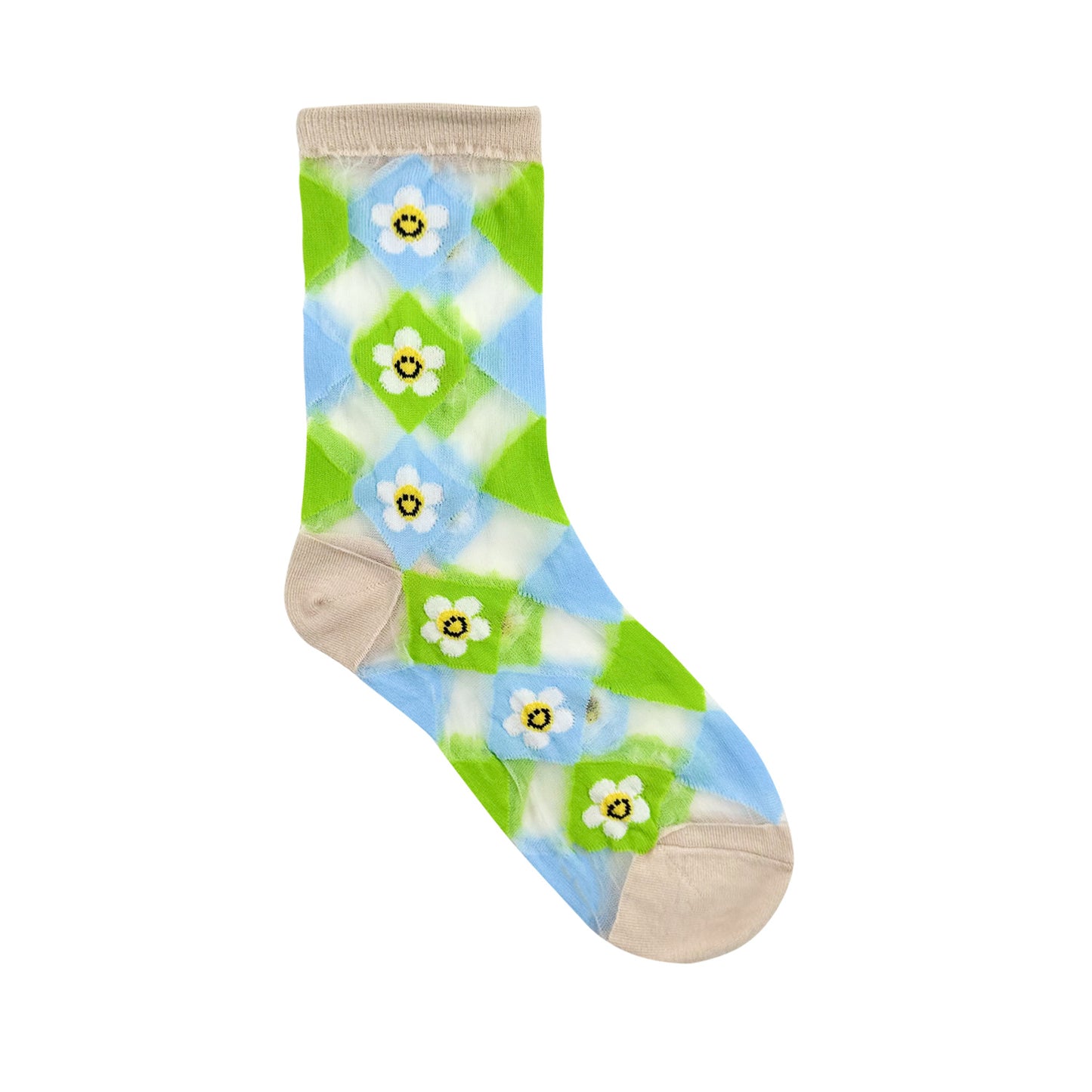 Women's Crew See-Through Smile Flower Argyle Socks