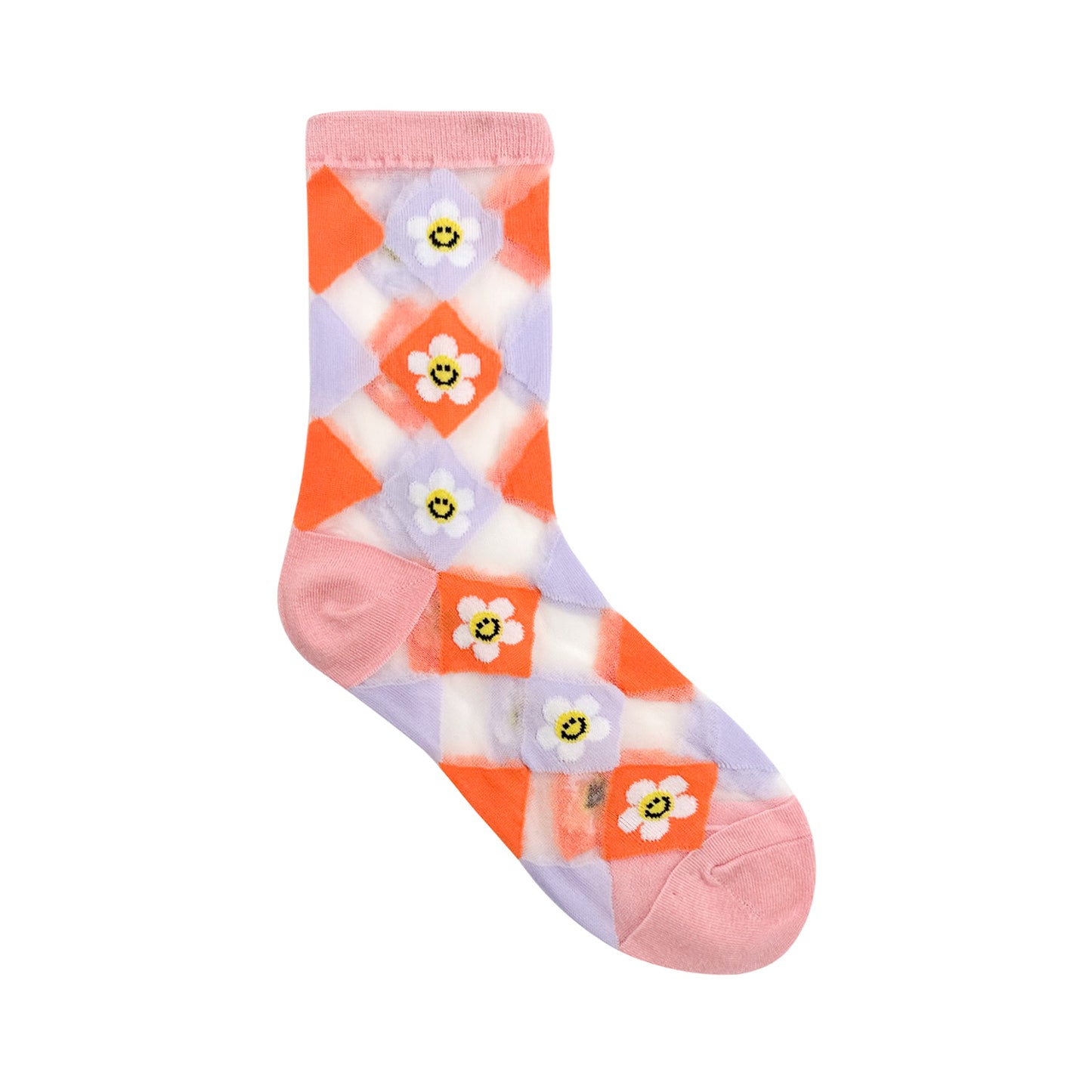 Women's Crew See-Through Smile Flower Argyle Socks