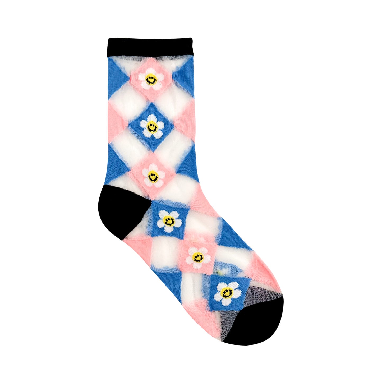 Women's Crew See-Through Smile Flower Argyle Socks