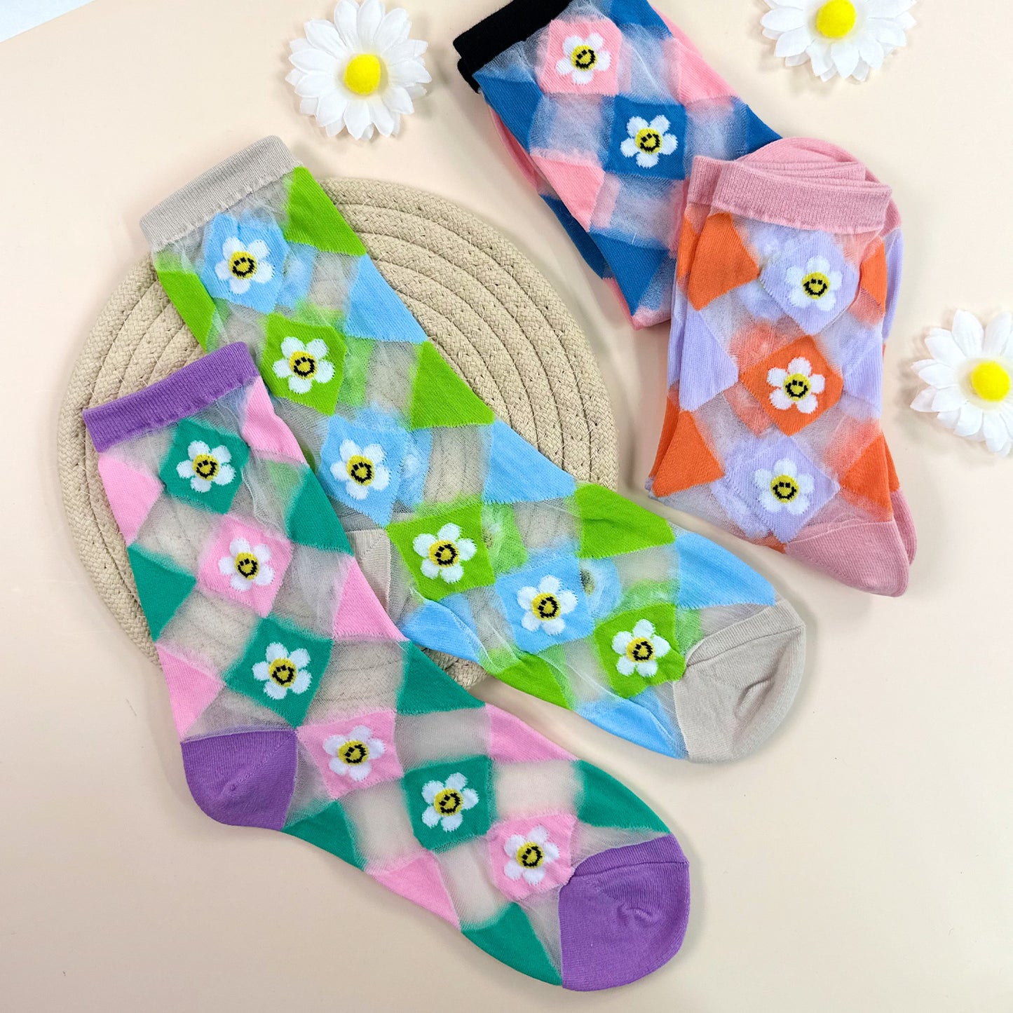 Women's Crew See-Through Smile Flower Argyle Socks