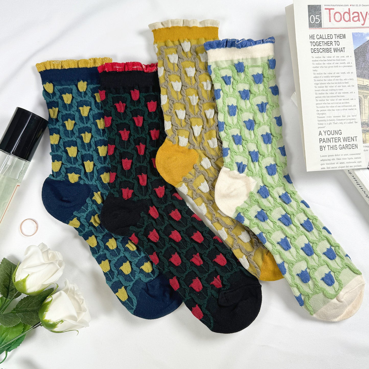 Women's Crew Glitter Frill Flower Socks