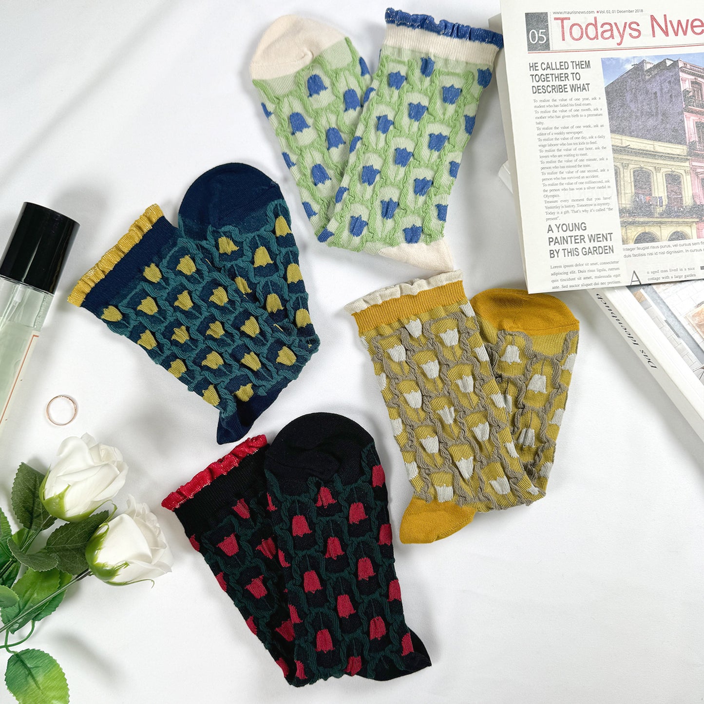 Women's Crew Glitter Frill Flower Socks
