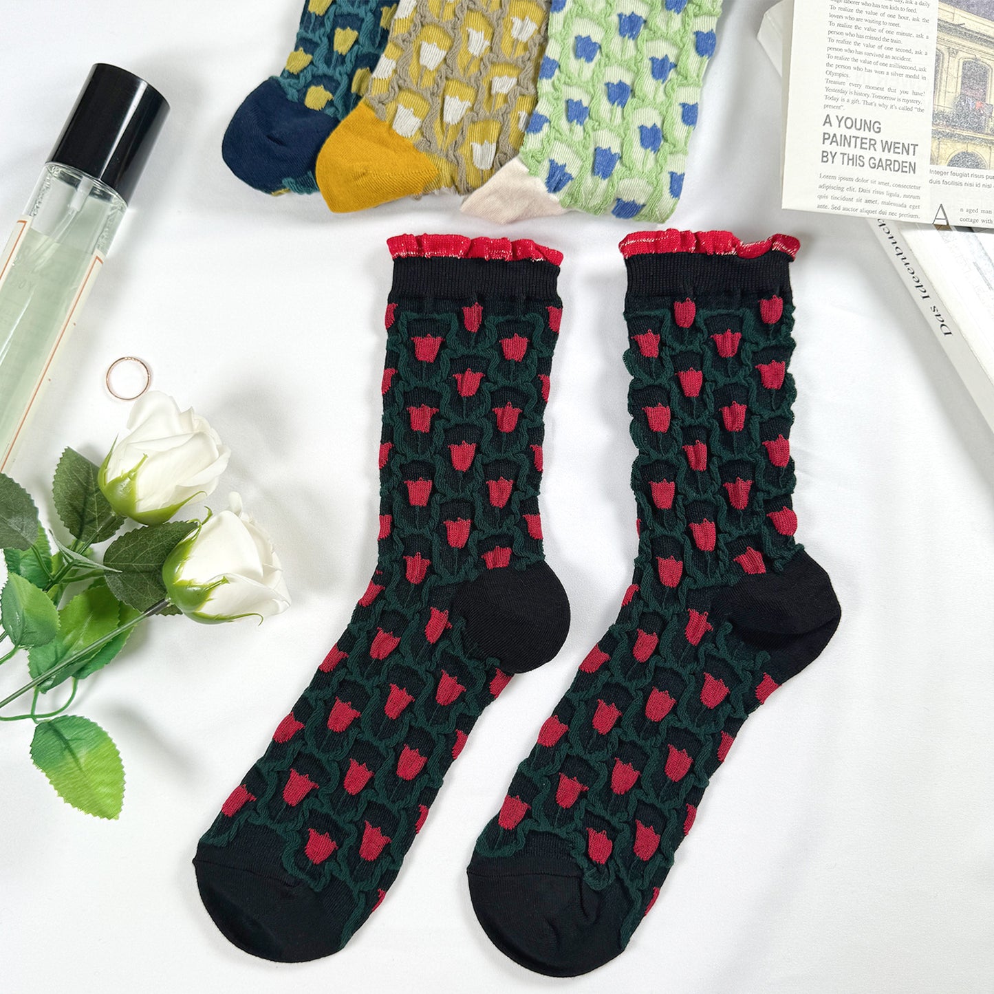 Women's Crew Glitter Frill Flower Socks