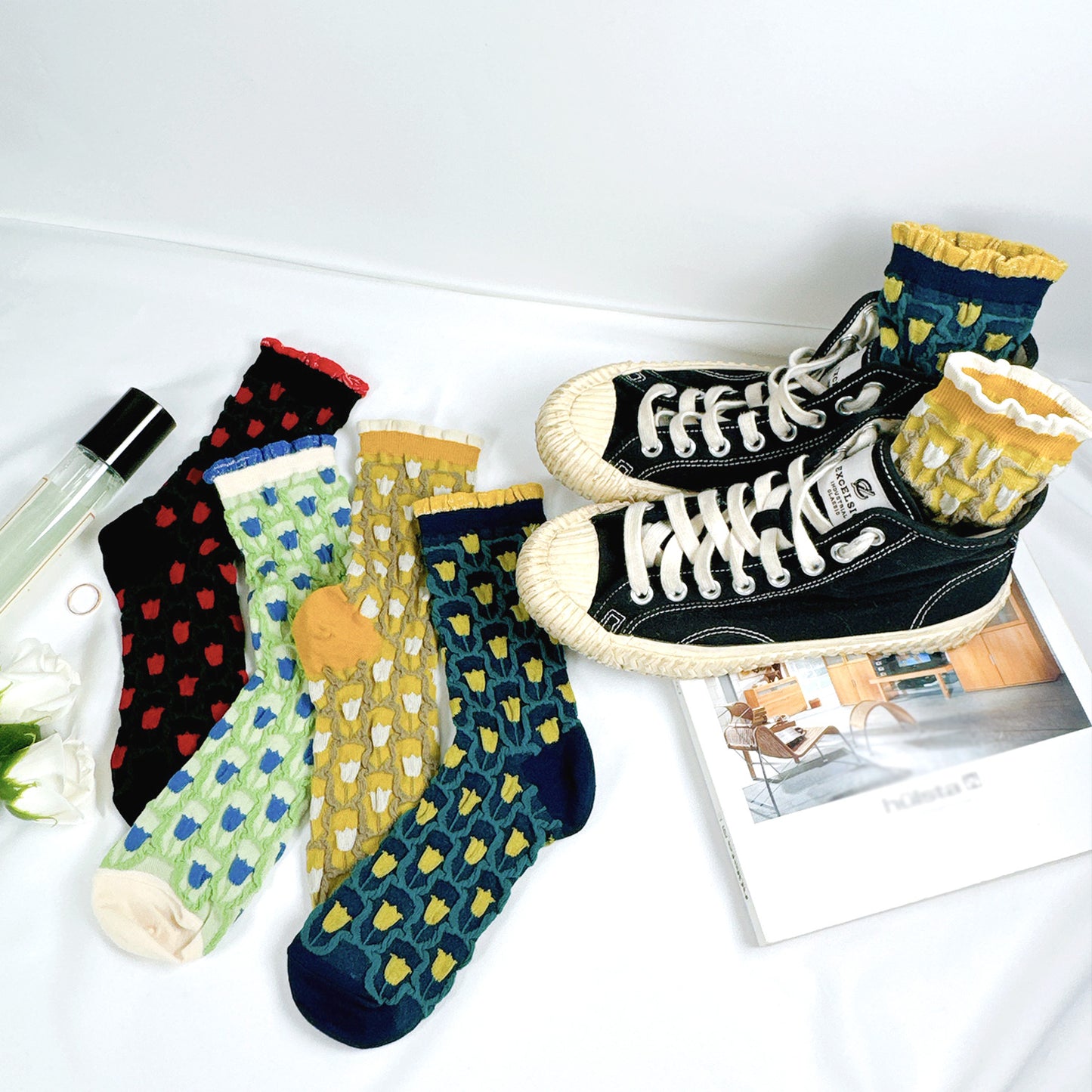 Women's Crew Glitter Frill Flower Socks