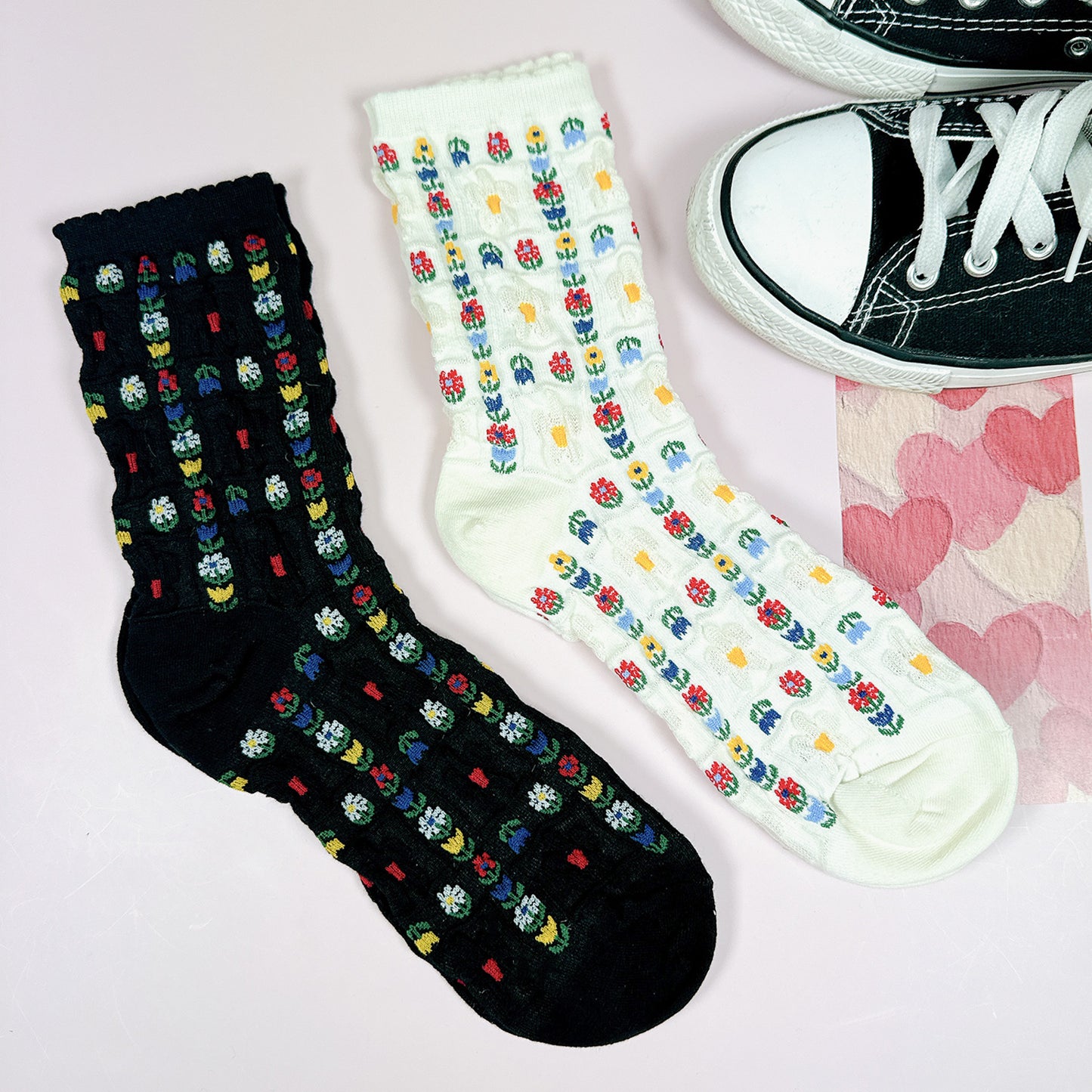 Women's Crew Grid Flower Socks