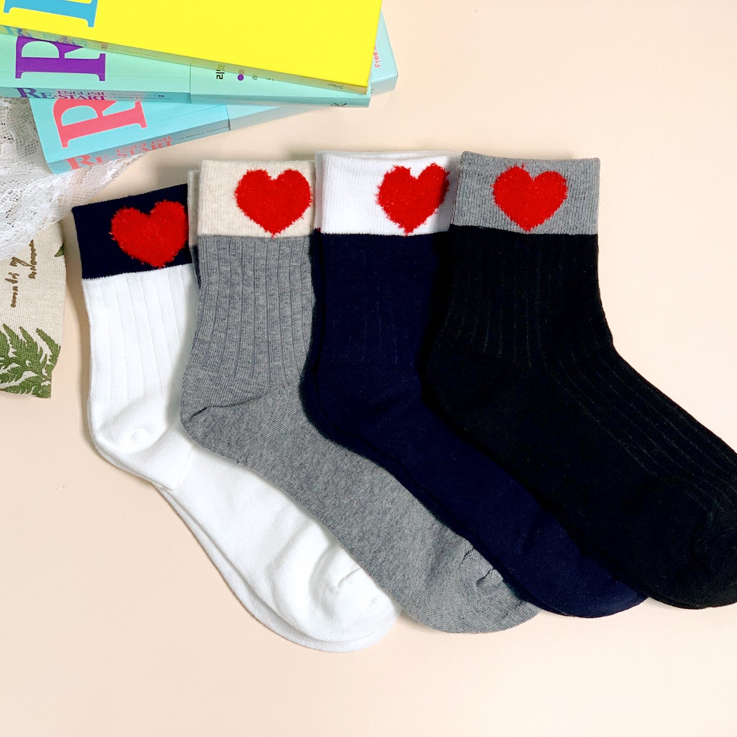 Women's Crew Fluffy Heart Ribbed Socks