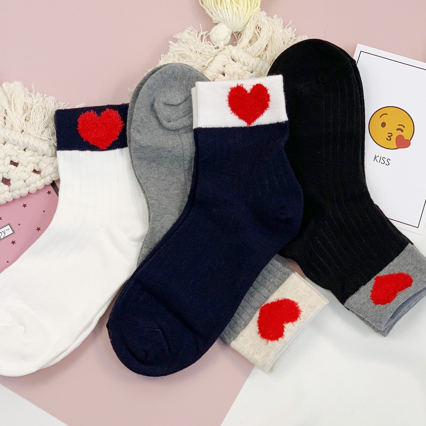 Women's Crew Fluffy Heart Ribbed Socks