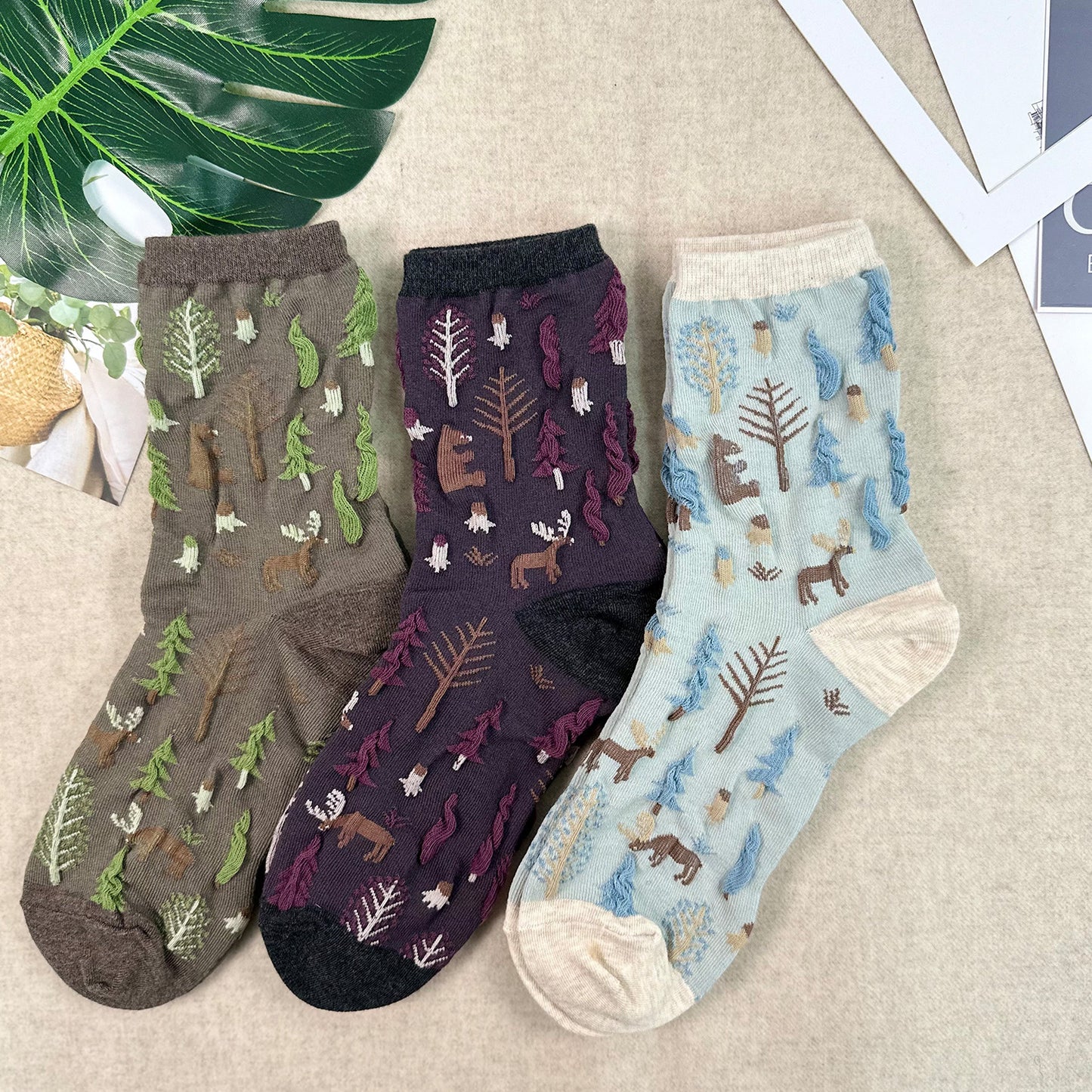 Women's Crew Oulanka Forest Embroidery Pattern Socks