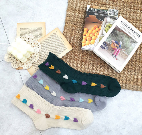 Women's Crew Mesh Pom Pom Heart Socks