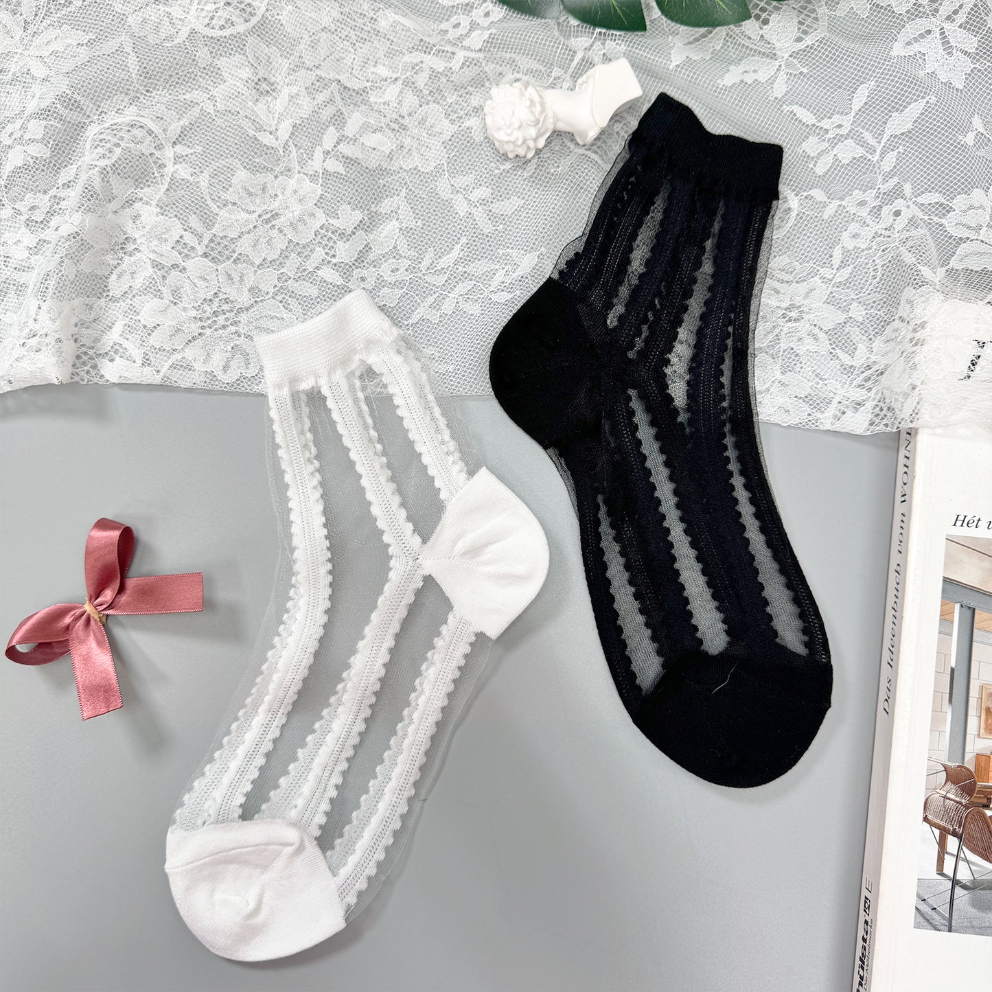 Women's Crew See-Through Simple lace  Sheer  Socks