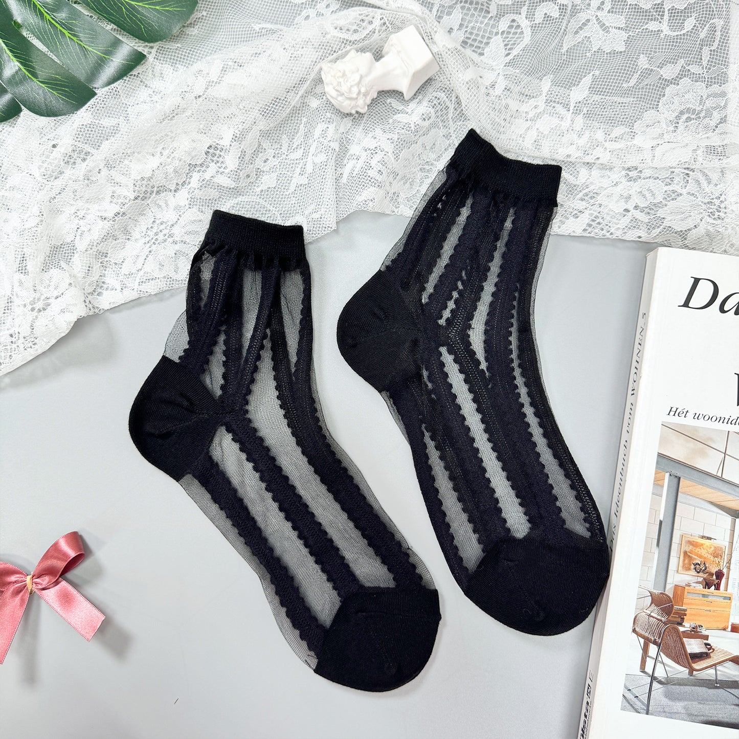 Women's Crew See-Through Simple lace  Sheer  Socks