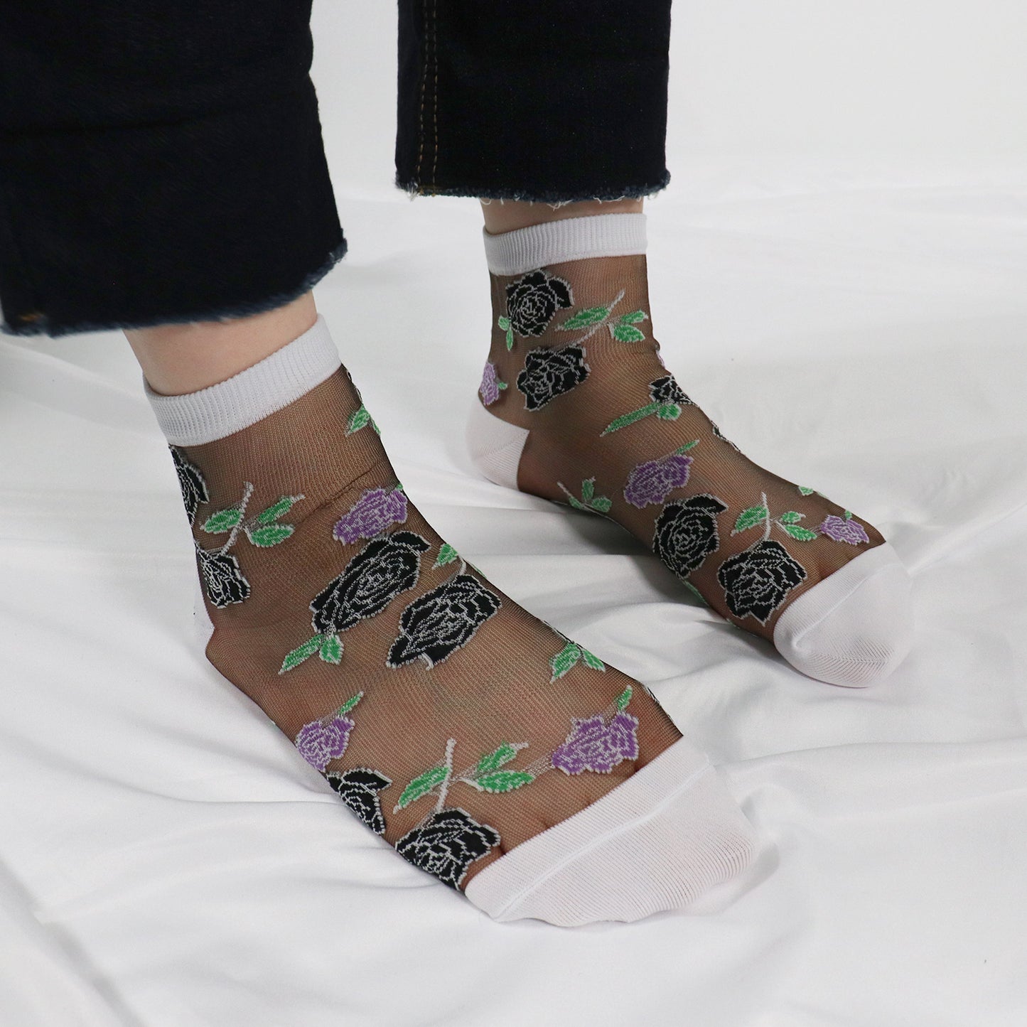 Women's Crew Sheer Laced Rose See-Through  Socks