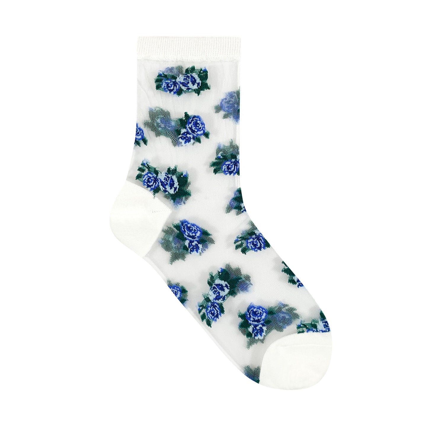 Women's Crew Sheer Pink and Blue Floral  See-Through Socks