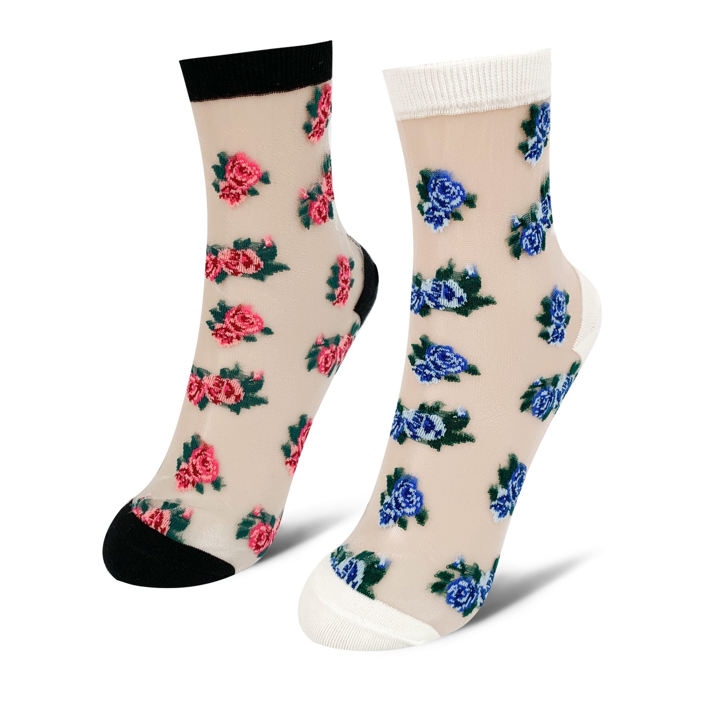 Women's Crew Sheer Pink and Blue Floral  See-Through Socks