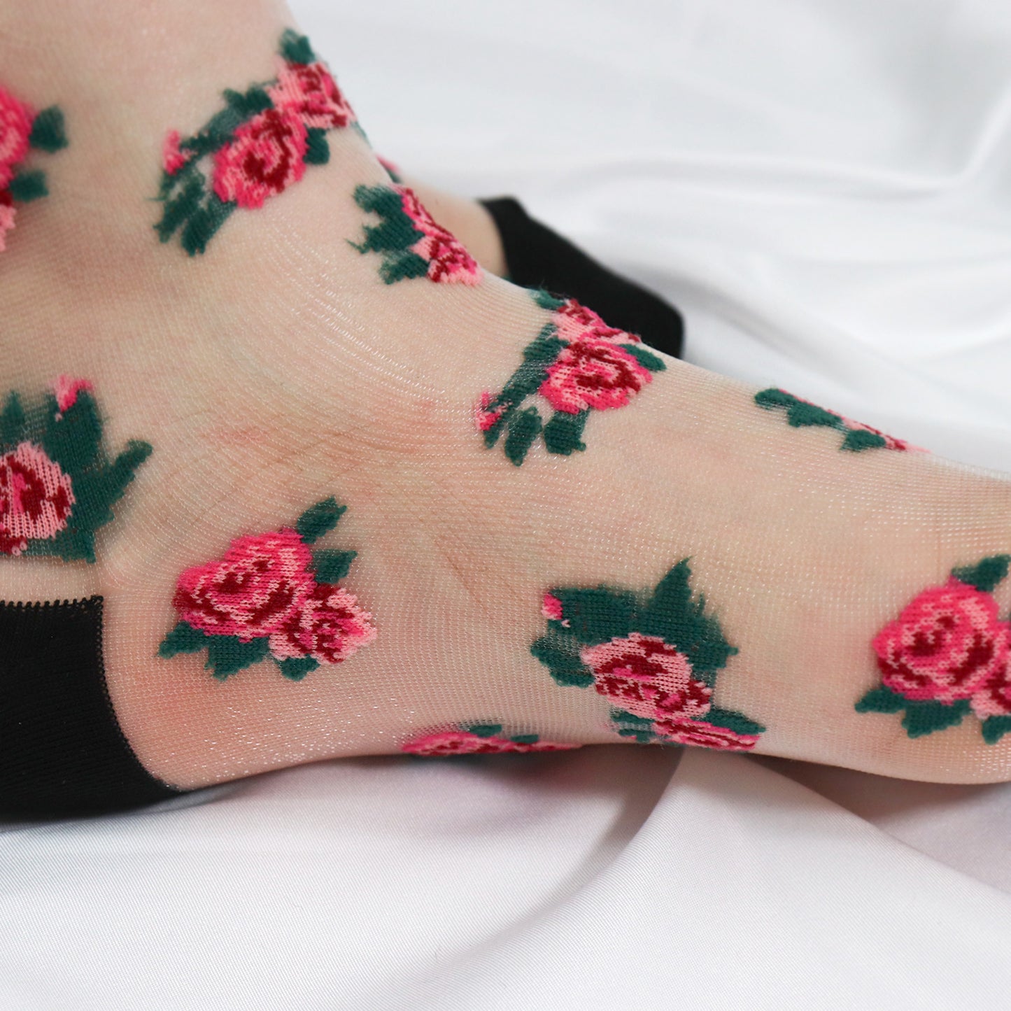 Women's Crew Sheer Pink and Blue Floral  See-Through Socks