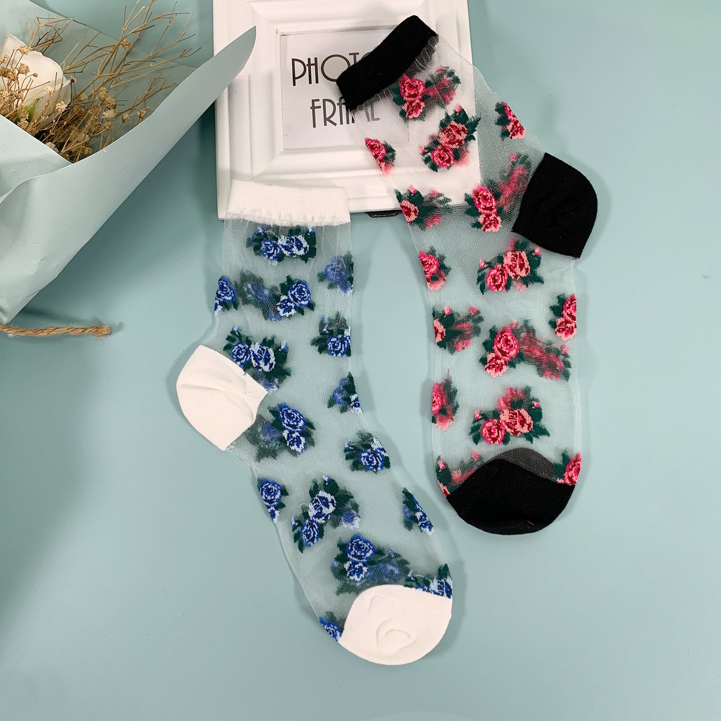 Women's Crew Sheer Pink and Blue Floral  See-Through Socks