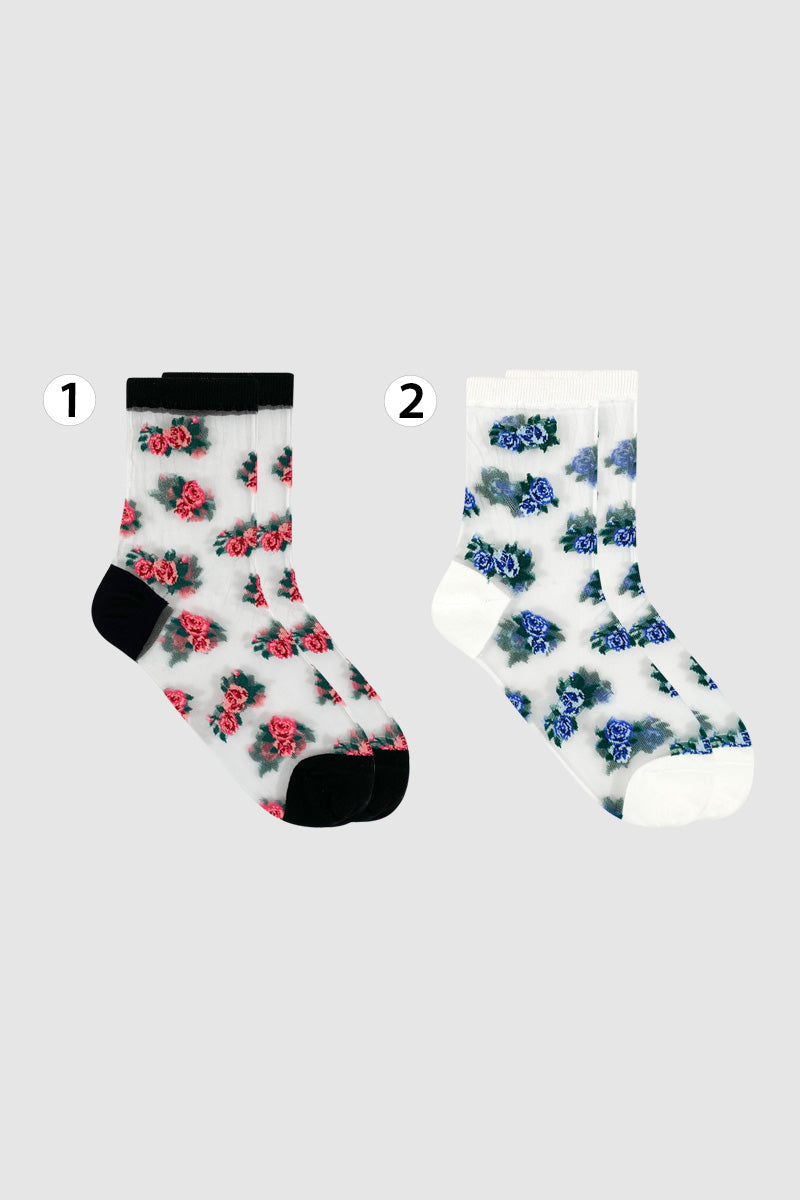 Women's Crew Sheer Pink and Blue Floral  See-Through Socks